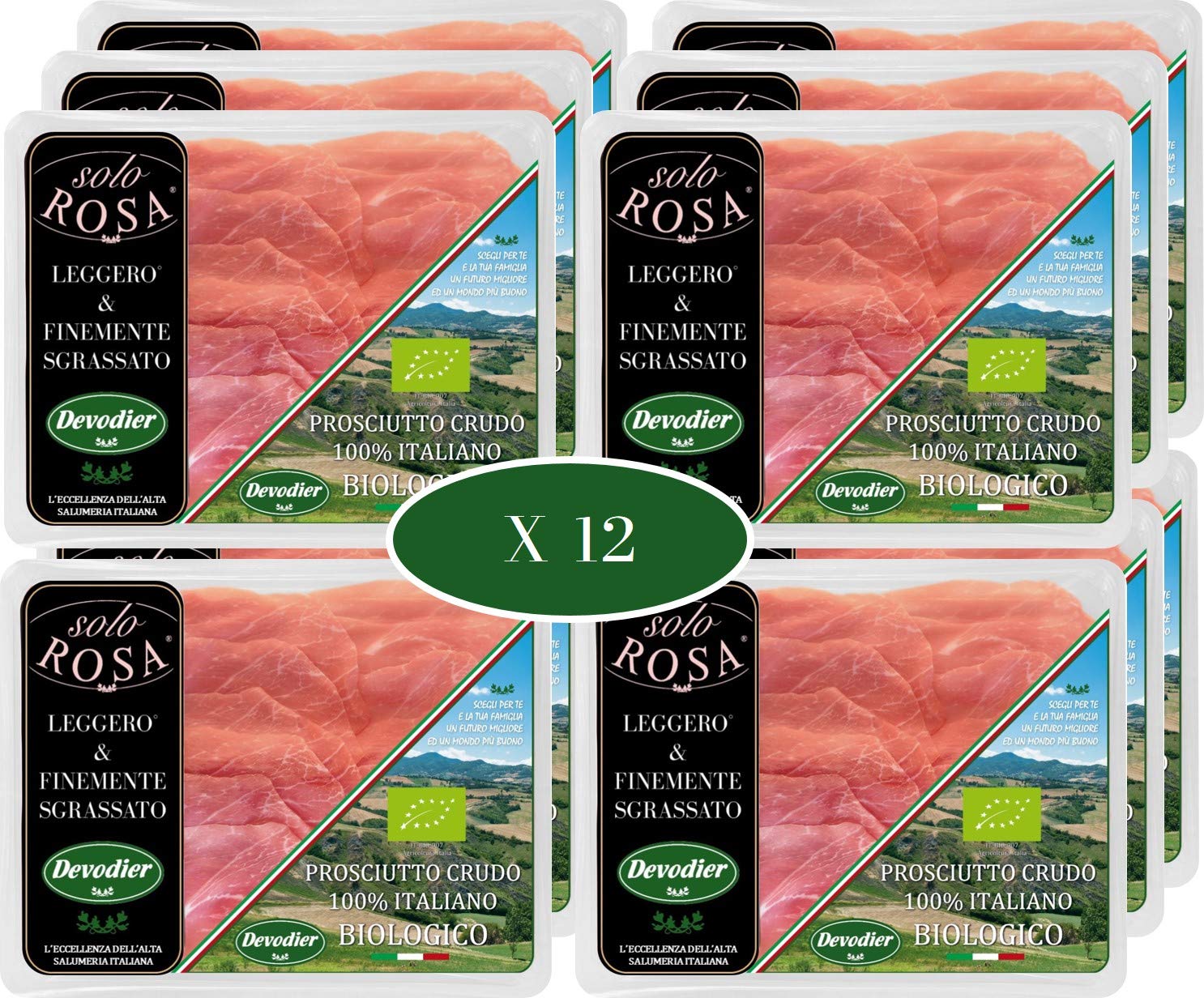 Prosciutto Italiano SOLO ROSA® BIO biologico affettato DEVODIER Leggero & Finemente Sgrassato - Confezione da 12 Vaschette
