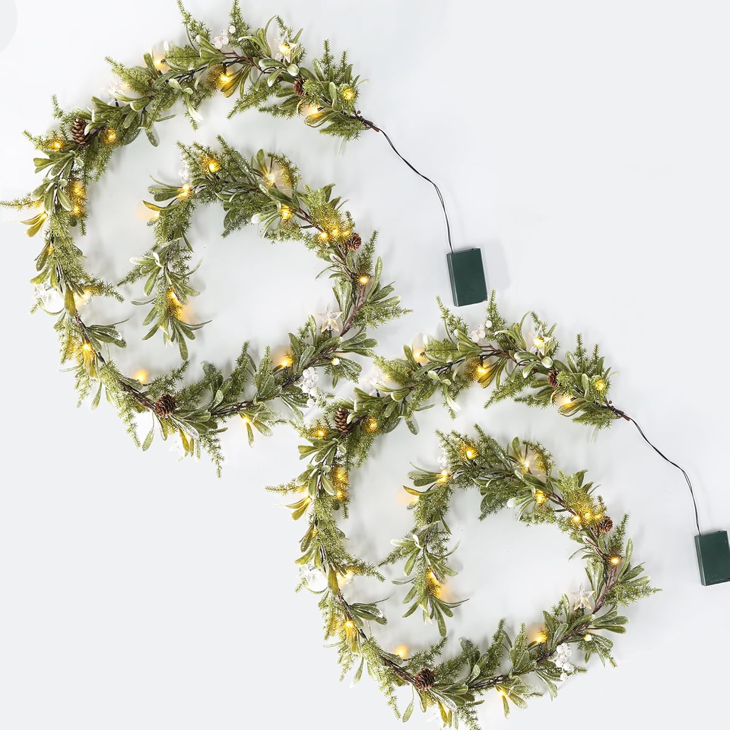 6FT Pre-lit Two-Tone Olive Christmas Garland Set of 2 Battery Operated Artificial Greenery Winter Mistletoe Garland with Timer for Mantle, Stairs Railing, Patio,Table, Window, Front Door Holiday