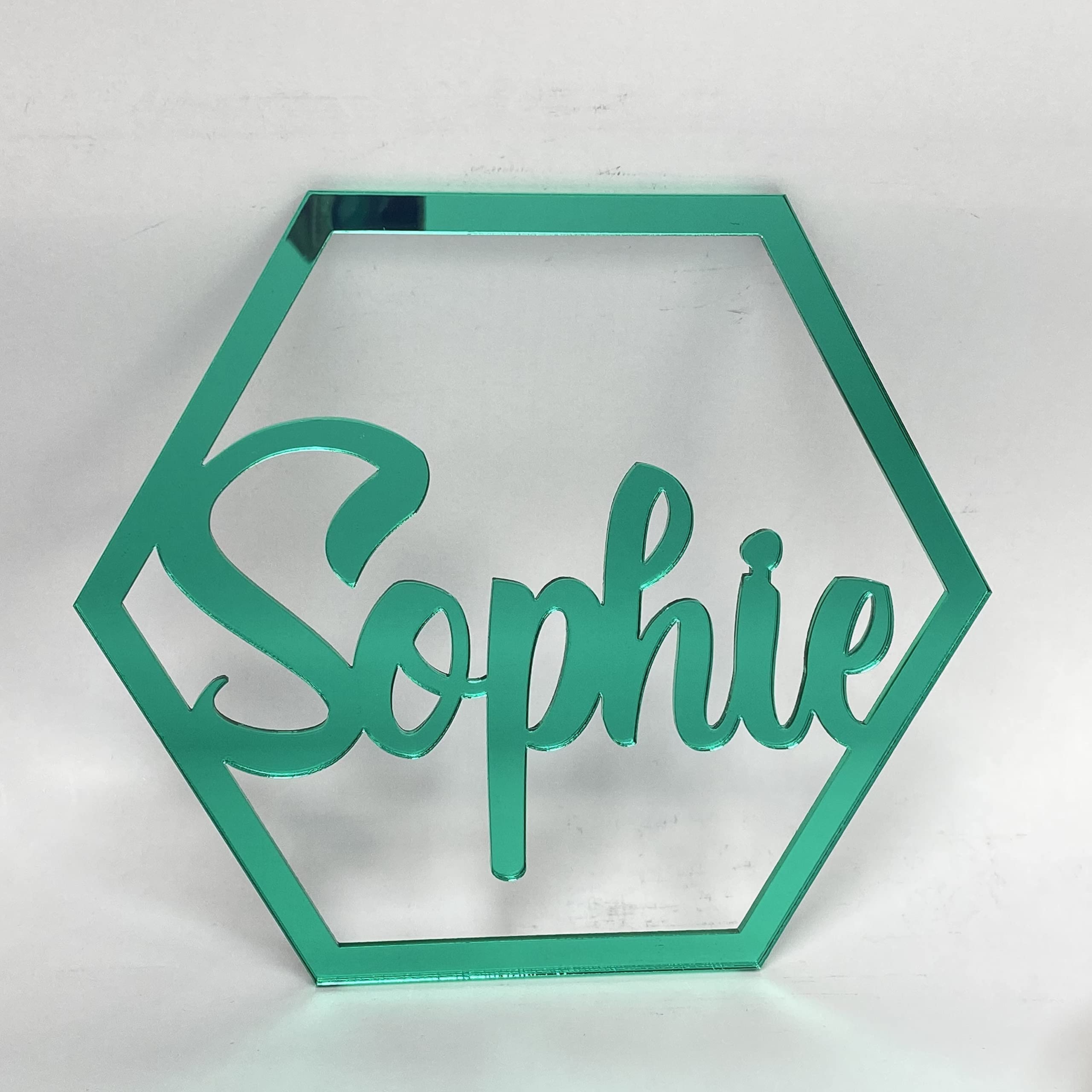 Personalised Any Name Text Wooden Colour Hoop Acrylic Mirror Floral Wedding Wreath Hanging Door Sign Wall Decoration Plaque Hexagon (Green Mirror, 15cm)