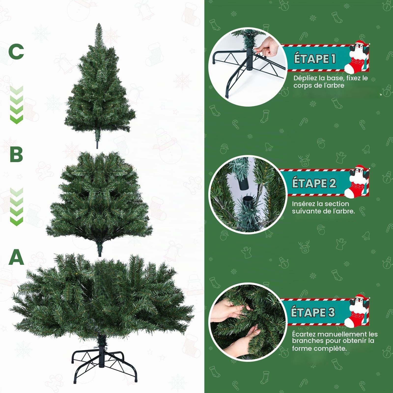 YEAUPE PRO Sapin de Noël Artificiel 180cm en PVC, 800 Branches, Montage 3 Sections, Gain de Place, Pied Métallique Stable (Ø 105 cm)