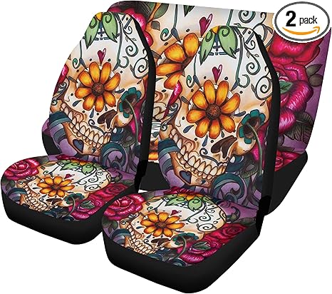 Dia de Los Muertos Sugar Skull Car Seat Covers and Bright Floor Mats – Mexican Calaveras Auto Interior Accessories for Festive Vehicle Style (3pcs Front+Back seat Covers)