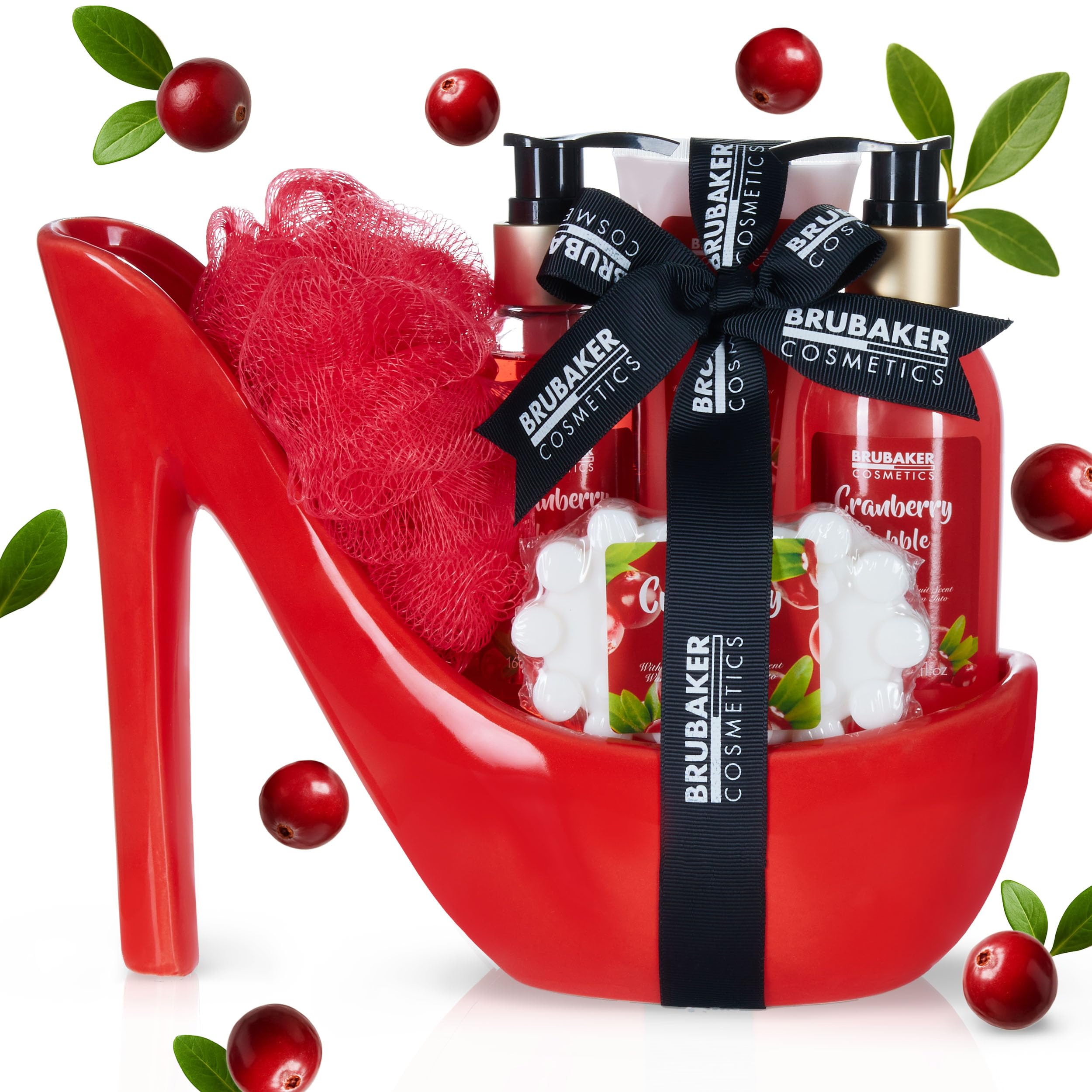 BRUBAKER Cosmetics Luxury Cranberry Beautyset - Set de Baño y Ducha de 6 Piezas - Set de Regalo en Rojo con Estilete de Cerámica