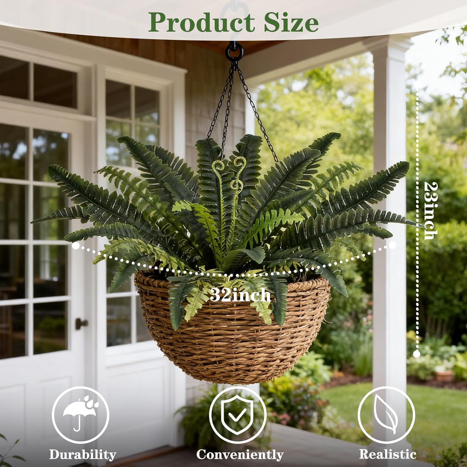 Coreland 32" Artificial Boston Ferns for Outdoors, Set of 4 Large Realistic Fake Fern Plants UV Resistant Bush Plants Faux Hanging Fern with 18 Branches for Porch Planter Patio Garden Home Decor