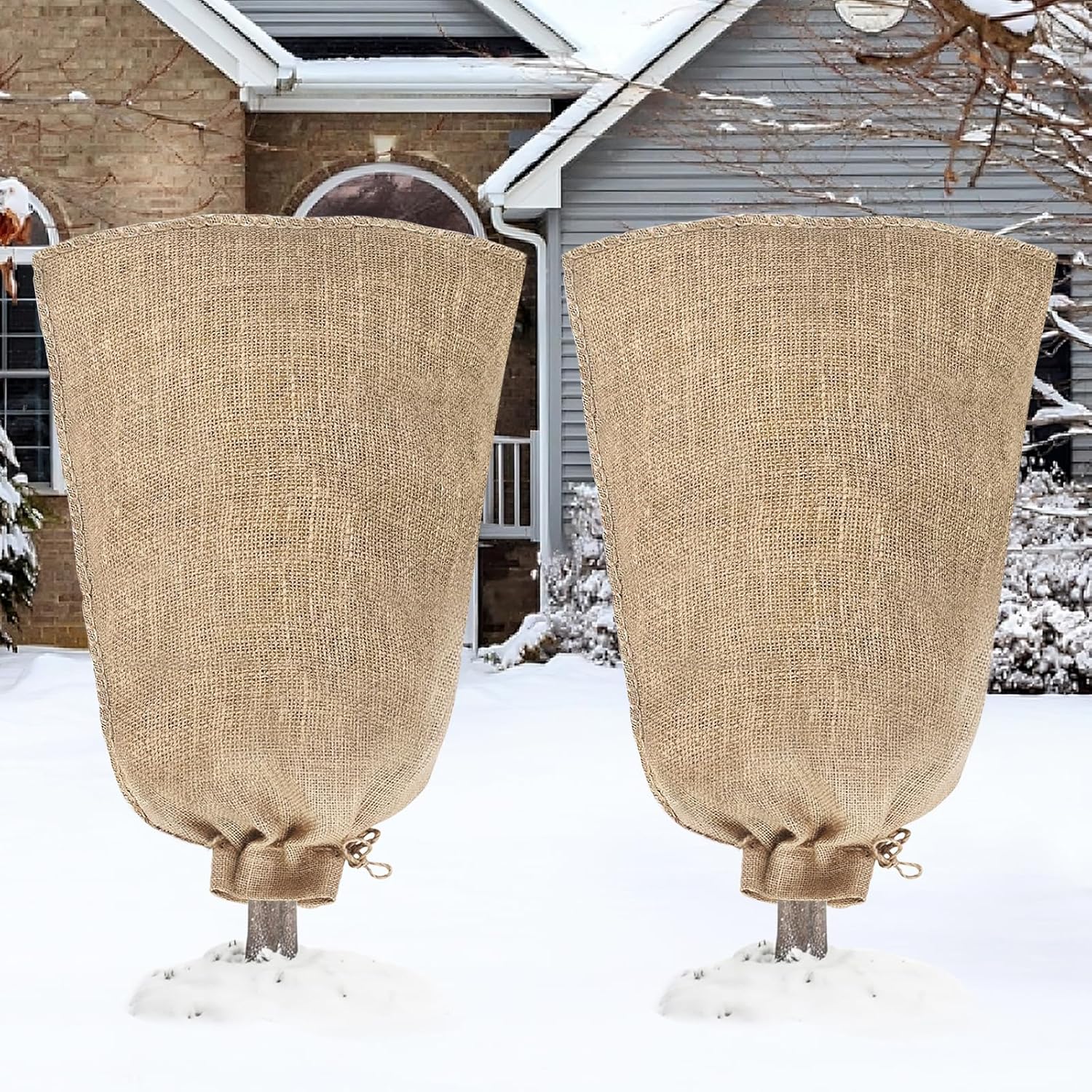 Riare 2 Packs 24 × 40 Inch Burlap Winter Plant Cover Bags with Drawstring- Reusable Large Burlap Sack Plant Frost Protector, Plant Frost Cloth Cold Tree Freeze Blanket for Outdoor Plants Shrubs Fruit 2 24 × 40 Inch