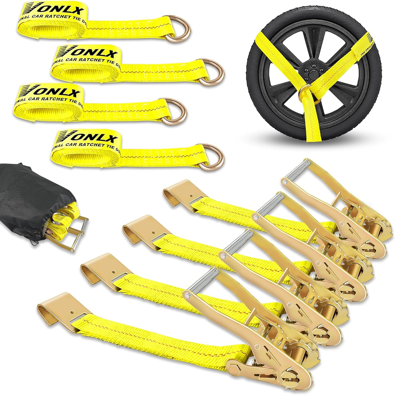 Car Tie Downs Straps for Trailers 4 Pack, Flat Hook Lasso Style and 2'' x 96'' Tire Tie Downs for Car Trailers, Easily Secure Tire Tie Downs for Any Car, UTV, SUV, Jeep, or Sports Car, Yellow