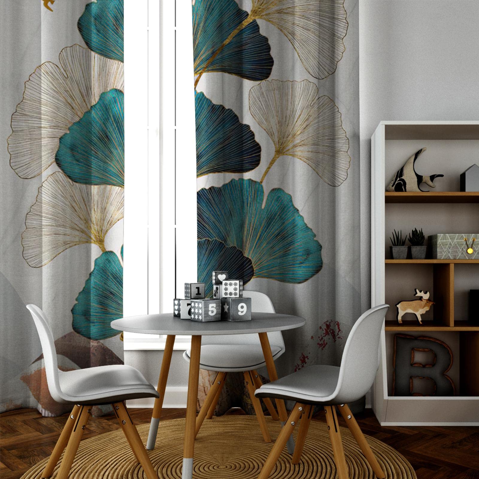 Zaciemniające złote zasłony z liści miłorzębu japońskiego nowoczesne botaniczne abstrakcyjne turkusowe teksturowane izolowane zasłony do salonu 140 x 250 cm, 2 panele