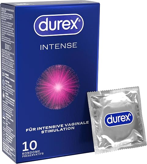 Durex Intense Kondome – Für komfortablen Sitz, safer sex und hervorragende Gleitfähigkeit mit Noppen, Rippen & viel Desirex-Gel, anatomische Easy-On-Form – 10er Pack (1 x 10 Stück)