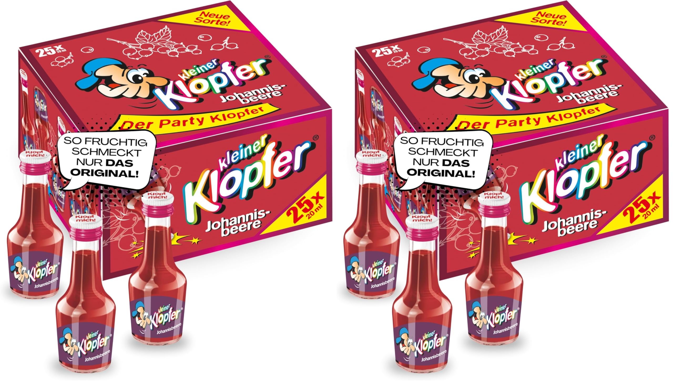 Kleiner Klopfer Johannisbeer I 25 Mini Liköre à 20 ml I Fruchtige Sorte mit fein-herber Beeren-Note I 15,2% Vol. I Likör-Set für Geburtstag & Karneval (Packung mit 2)
