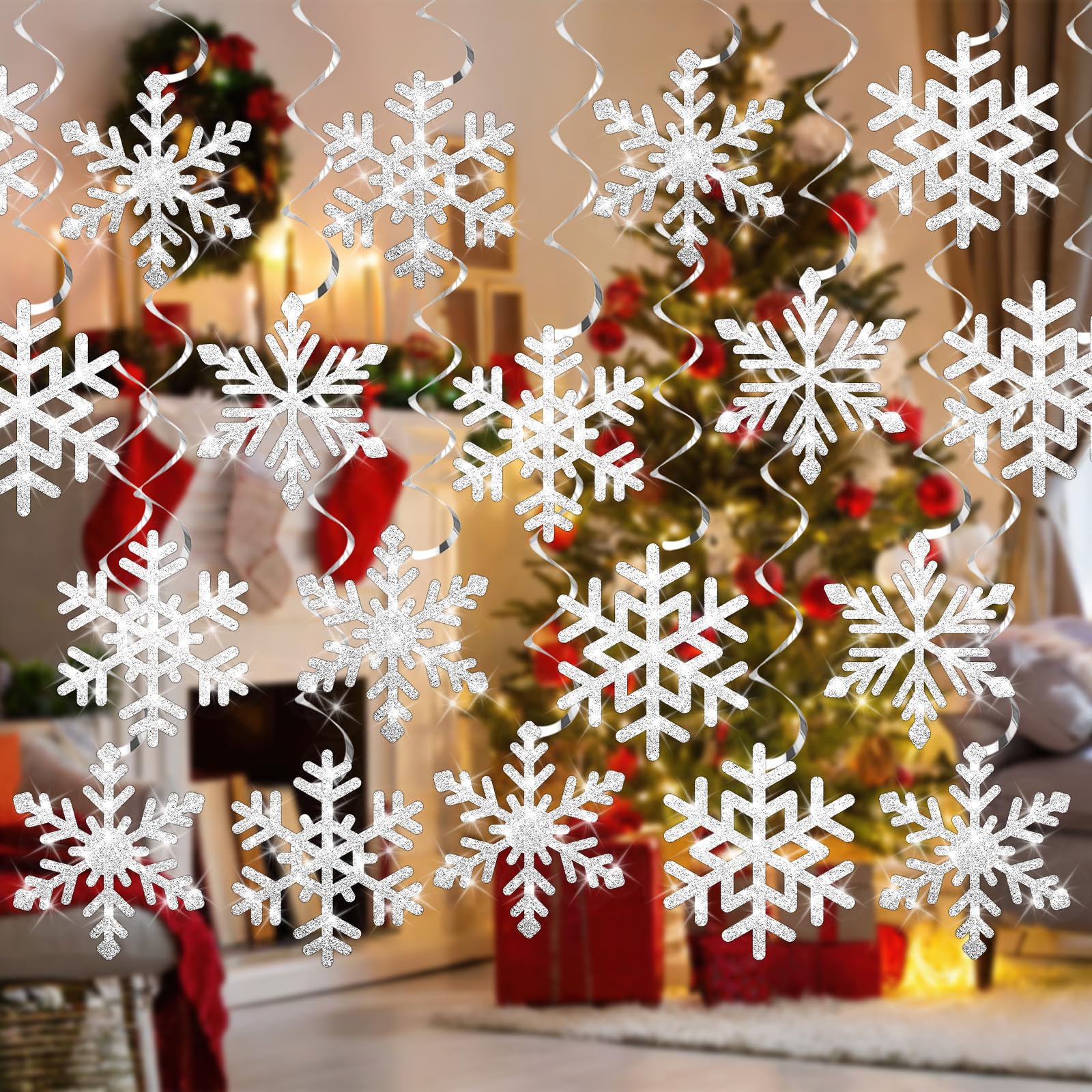 Lonfliness 48PCS Winter Snowflake Hanging Decorations Glittery Snowflake Swirls Ornament Snowflake Cutouts Holiday Ceiling Streamers for Winter Wonderland Birthday Baby Shower Christmas Party Supply