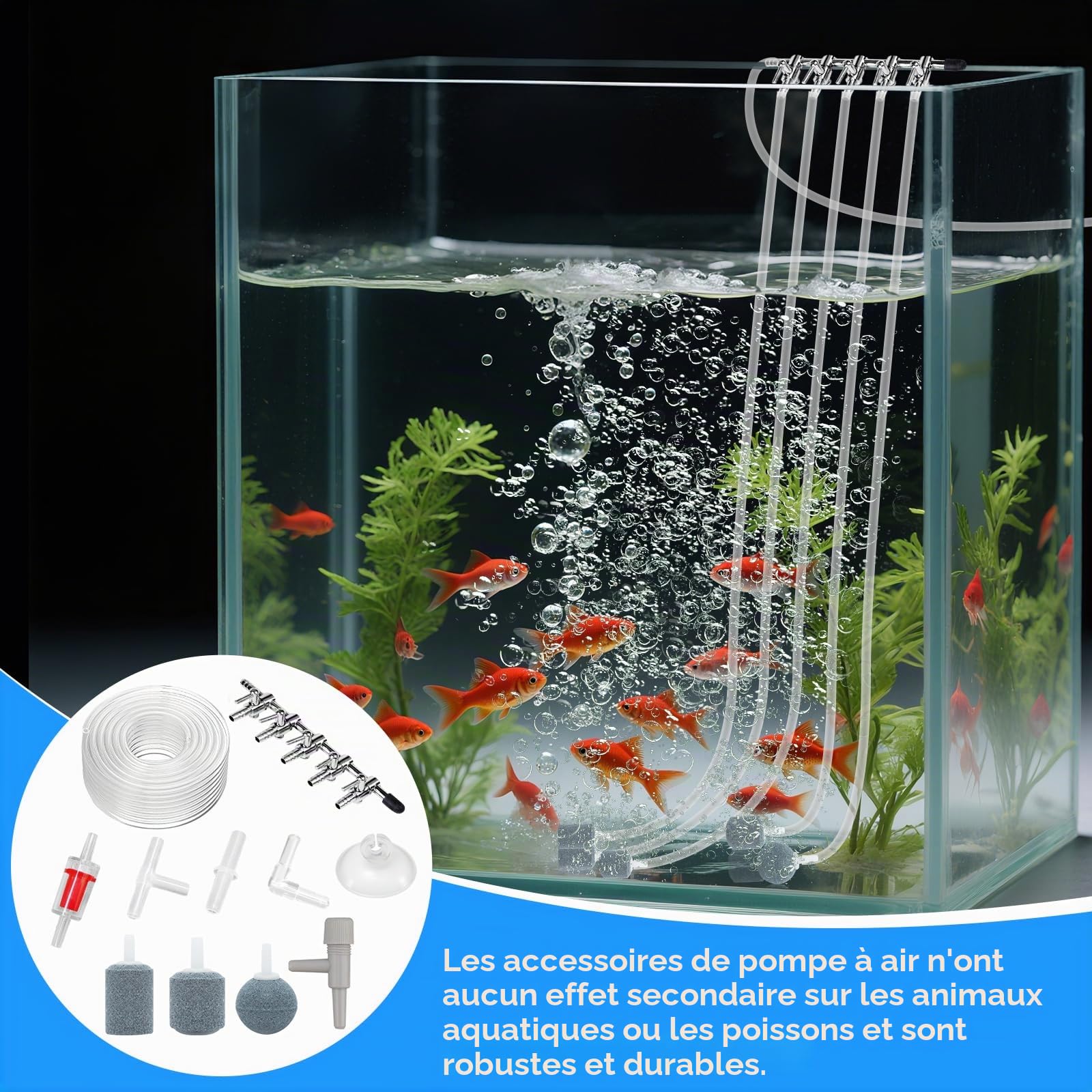 66PCS Accessoires de Pompe à Air pour Aquarium, 5 Voies Séparateur De Flux d'air, 10M Air Line Tube Tuyau, Pierre à Air, valves Anti-Retour, Ventouse, Valves de Contrôle et I/T/L Connecteurs