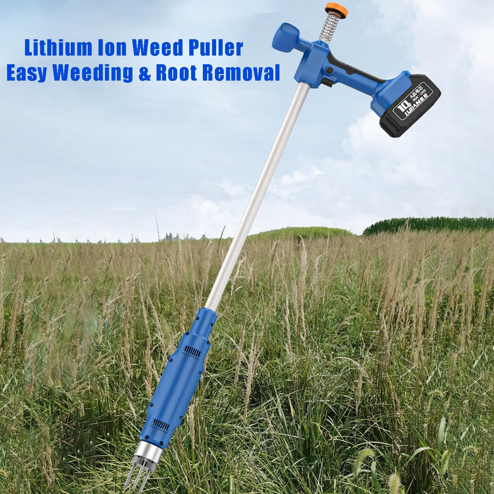 Generico Diserbatore Elettrico Senza Fili per Giardino, Estrattore di Radici con 3 Artigli in Acciaio e Manico da 98 cm, Inclusi 2 Batterie