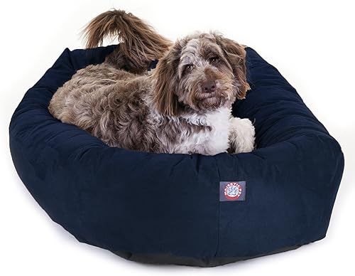 Majestic Pet Products - Cama en forma de bagel para perro, de gamuza color azul marino, 52 pulgadas, con reposacabeza