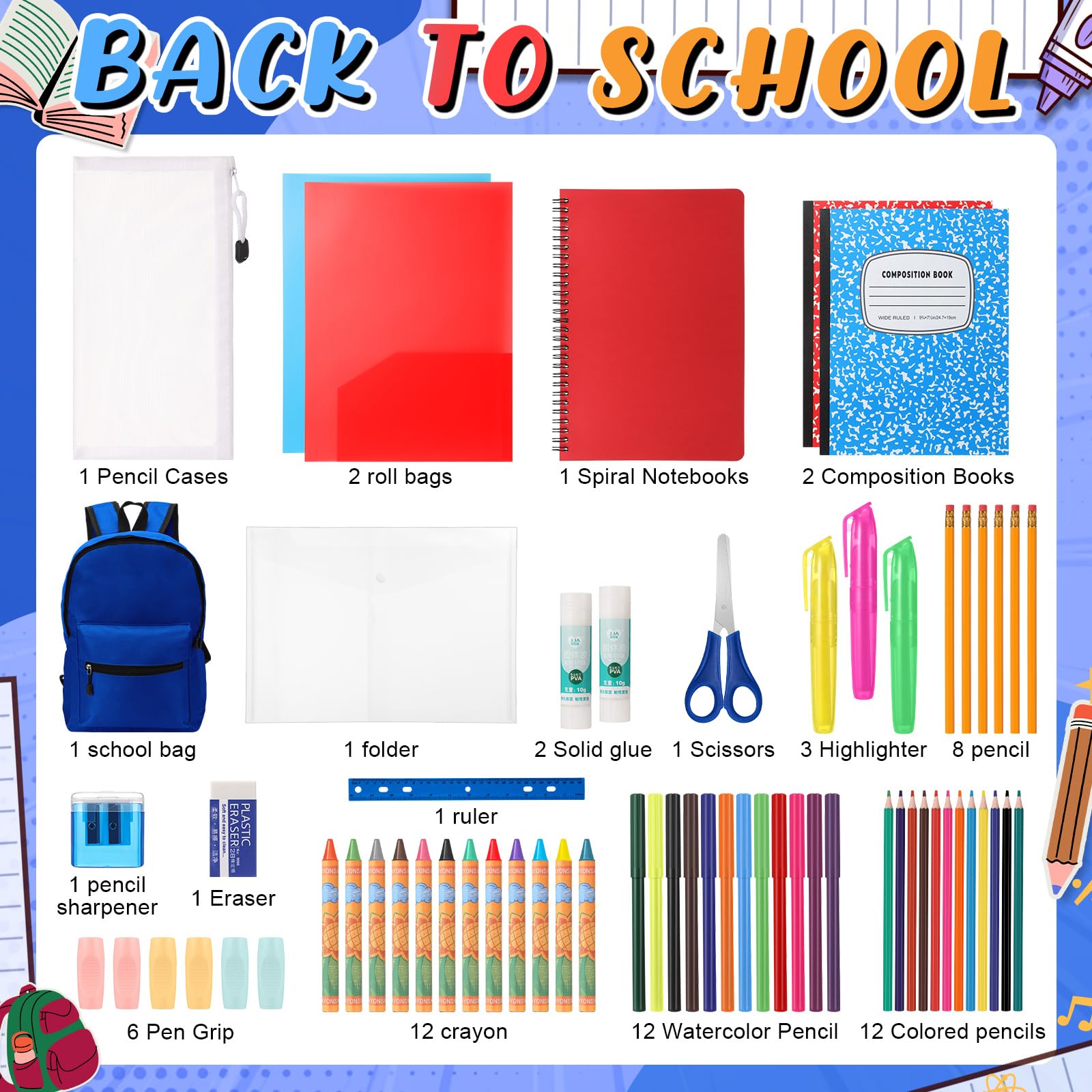 Gilprop Confezione da 68 articoli per il rientro a scuola per bambini, studenti K-8, kit di forniture per la scuola elementare e media, accessori essenziali, penne, quaderni, cancelleria per