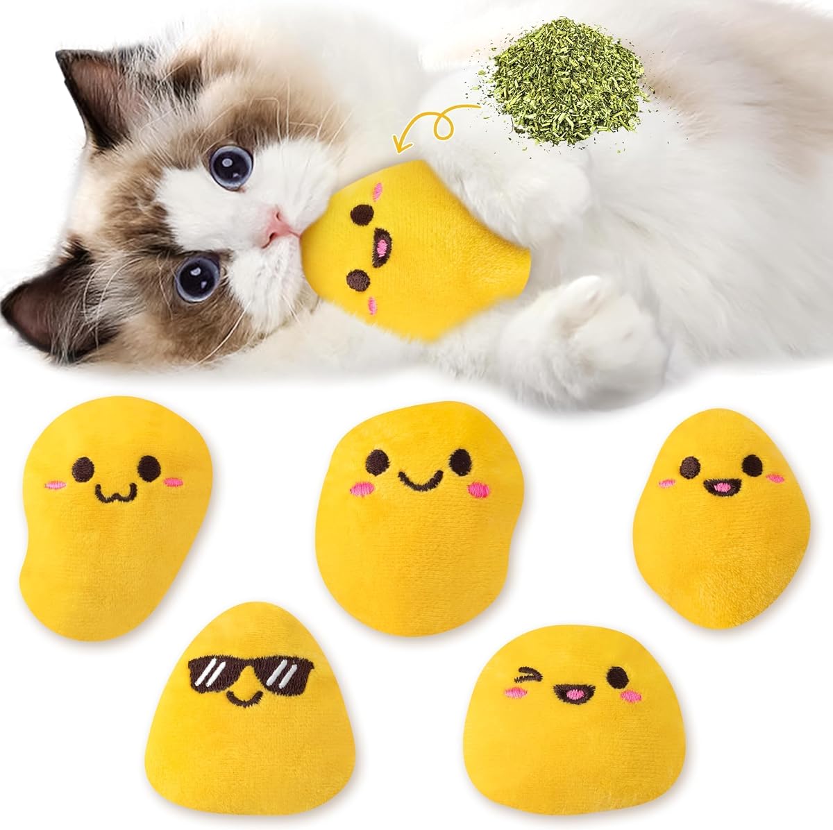 L1rabe Chicken Nugget Catnip Juguetes de peluche para gatos - Regalos para amantes de los gatitos | 5 uds divertidos juguetes para masticar gatos, reconocimiento del gato negro, interacción con mascotas, suministros para mordeduras de gatitos amarillos, no tóxicos, regalos de cumpleaños