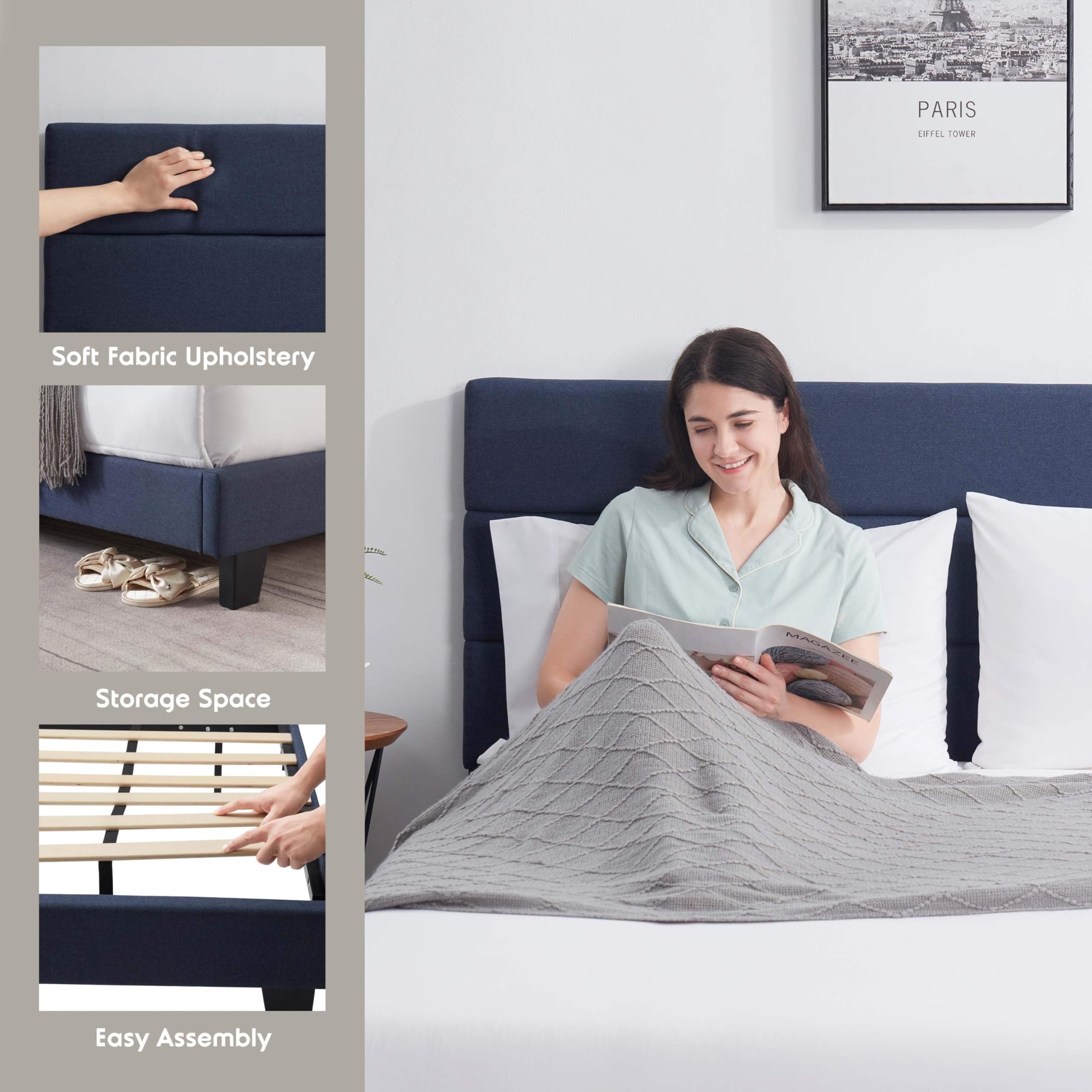Furnihome Struttura per letto queen size, moderna struttura imbottita con testiera regolabile in lino, piattaforma di supporto a doghe in legno, struttura per letto queen size, senza bisogno di molle