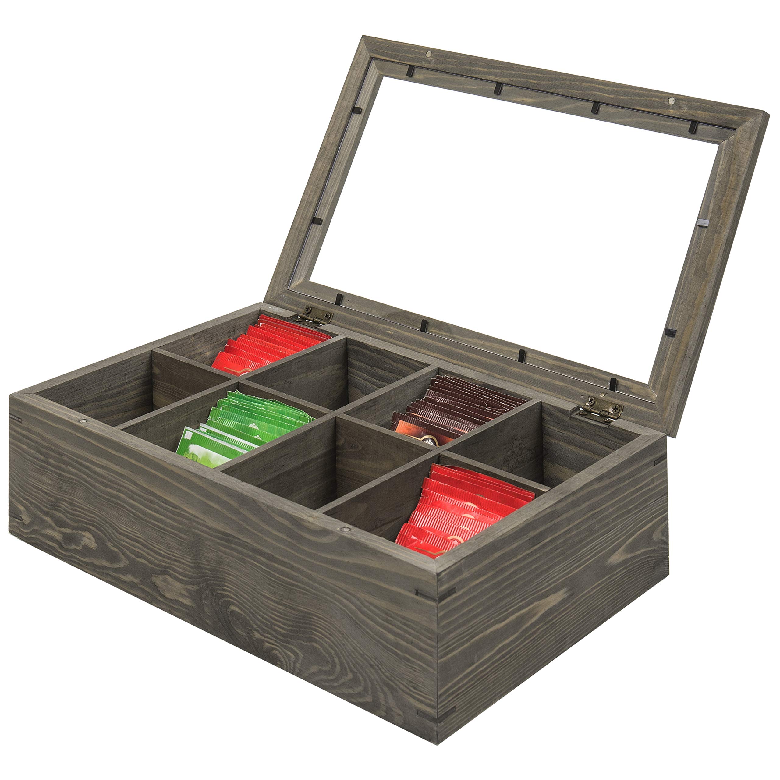 MyGift Tea Storage Chest, Vintage Gray Wood Tea Bag Holder Storage Box with 8 Compartments and Clear Lid