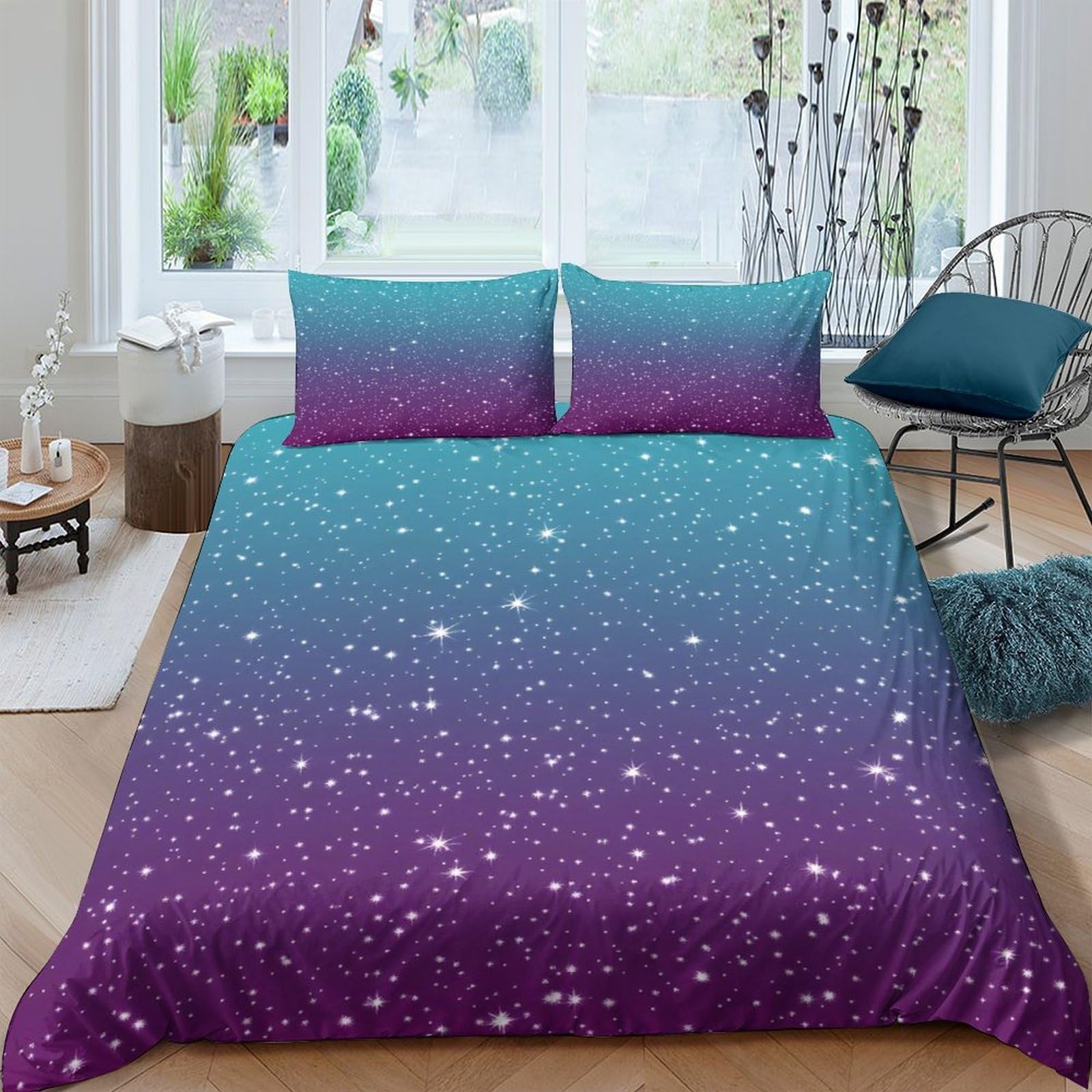 GPLZQXKJNH 3D Printed Galaxy Starry Sky Duvet Cover Set Microfiber Gradient Purple Blue Cosmic Nebula Bedding with 2 Pillowcases for Bedroom Home Single（135x200cm）