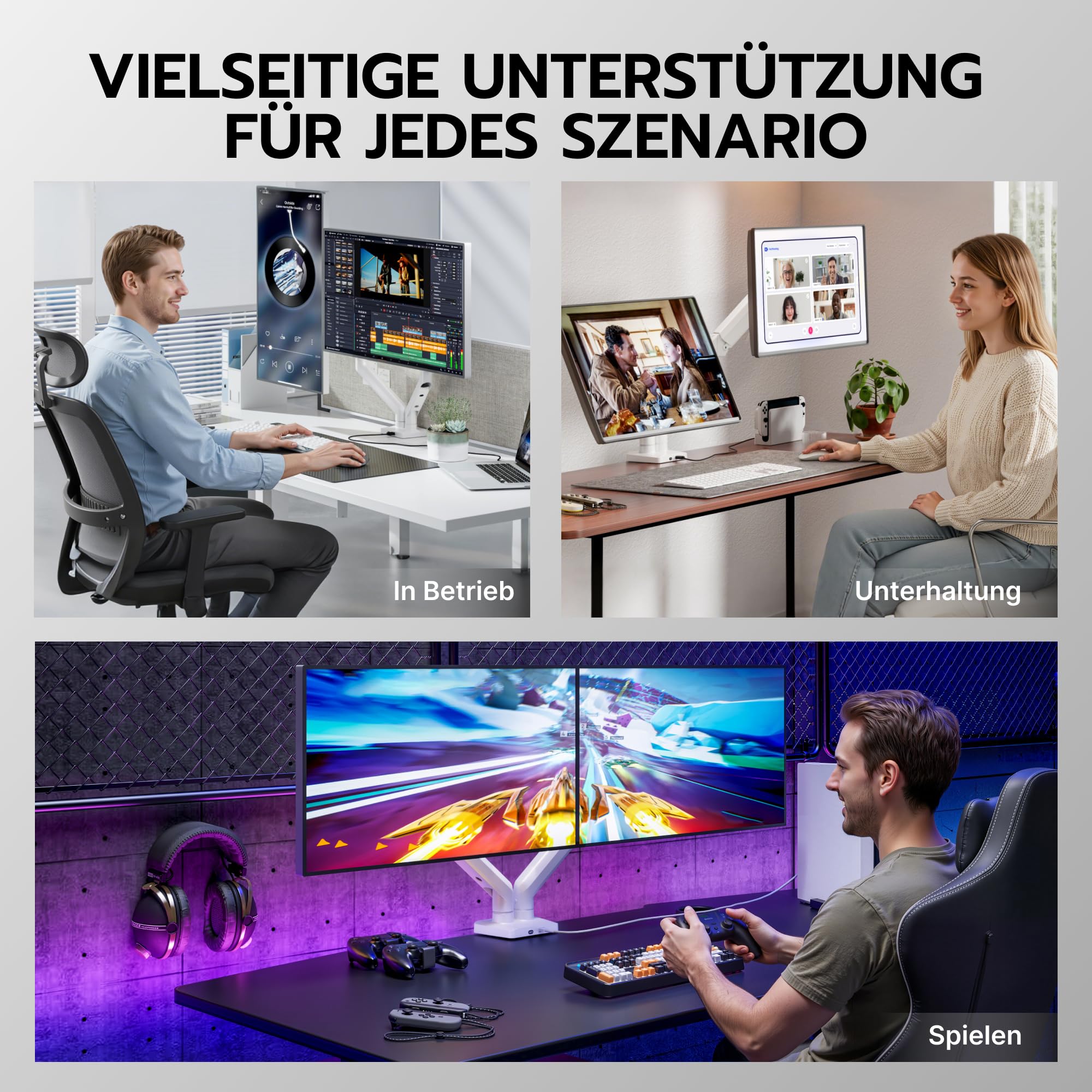 ARES WING Dual Monitorarm für 2 Monitore 17-35 Zoll, USB-A/C, Weiß | Dual Monitorarm mit 2-12 kg Tragkraft, Monitorarm mit Kabelmanagement – Neig-/Schwenk-/Drehbar, VESA 75/100 mm