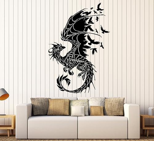 Calcomanía de vinilo para pared, diseño de dragones, pájaros de fantasía, cuento de hadas, decoración gótica para dormitorio (z2514) (M 22.5 x 35
