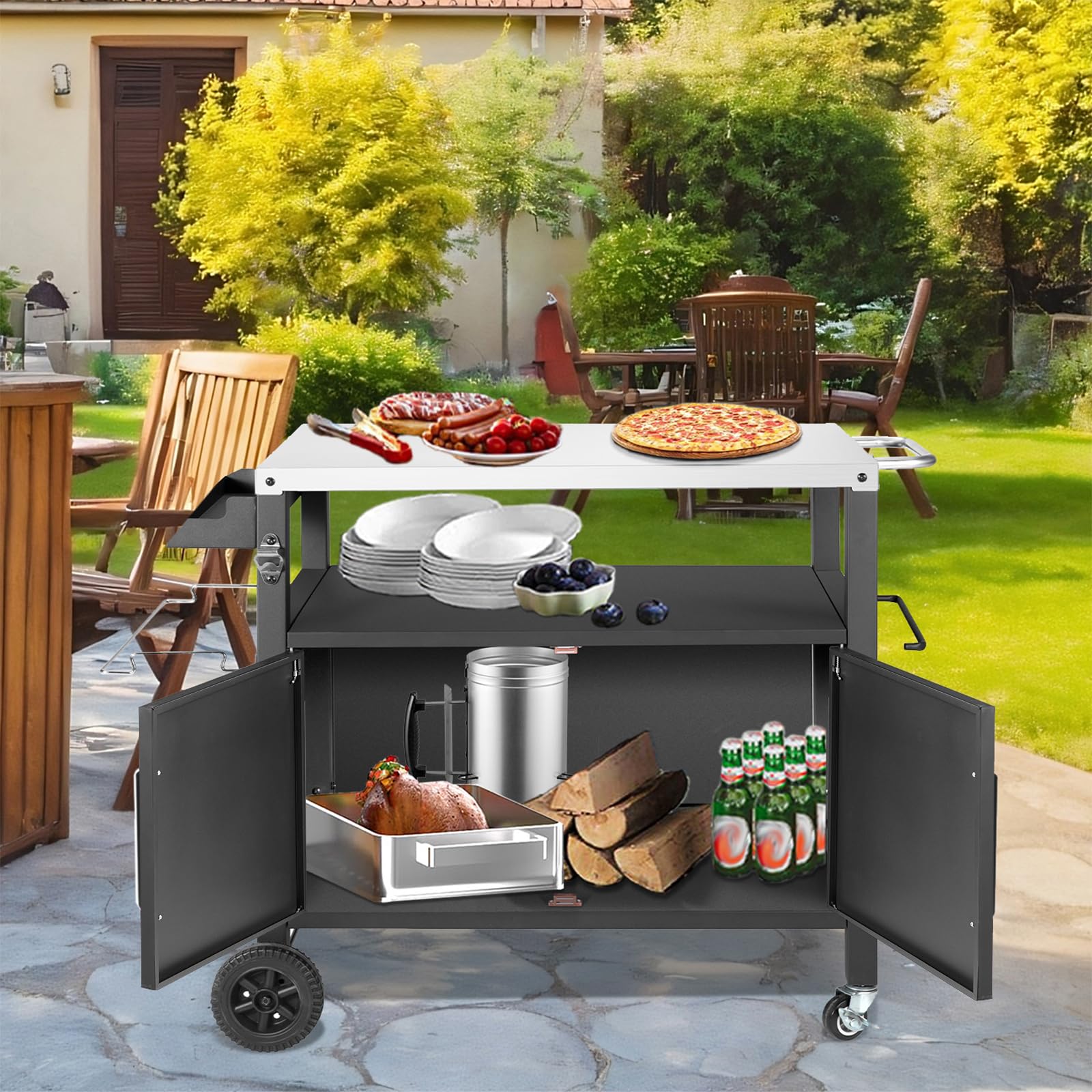Kendane Grilltisch mit Großer Arbeitsfläche | Grill Beistelltisch, Outdoor Grill Trolley, Grilltisch Outdoor, Edelstahl Tischplatte Outdoor Garten Trolley
