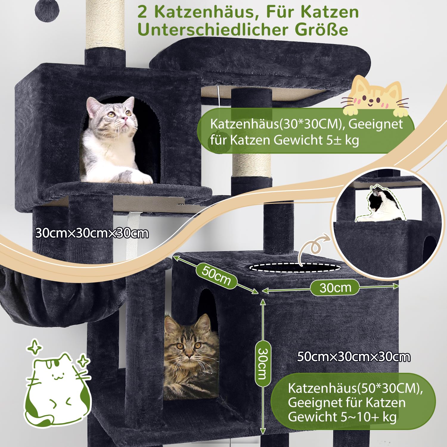 Globlazer F76 Kratzbaum 195 cm mit Große Katzenhaus Hängematte für 2 Katzen | Katzenbaum Stabil Weiche Plüsch, Sicherheit Kippschutz, Einfach zu installiere Aktivitätskratzbäume für Große Katzen Kätzchen