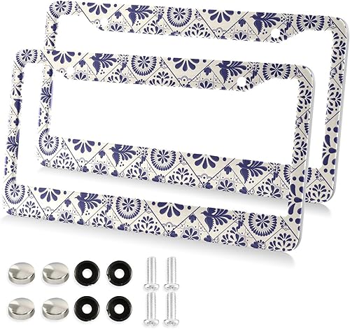 Marcos de matrícula de Talavera mexicana retro, 2 piezas, soporte para placa de automóvil con tapas de rosca, juego de piezas de decoración para