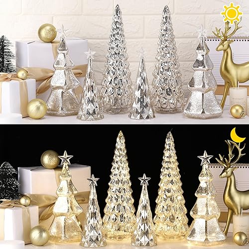 Miniatura 4 de Set de 6 figuras de árbol de Navidad de mesa iluminadas de vidrio de mercurio con luces LED, operadas por batería, centros de mesa iluminados