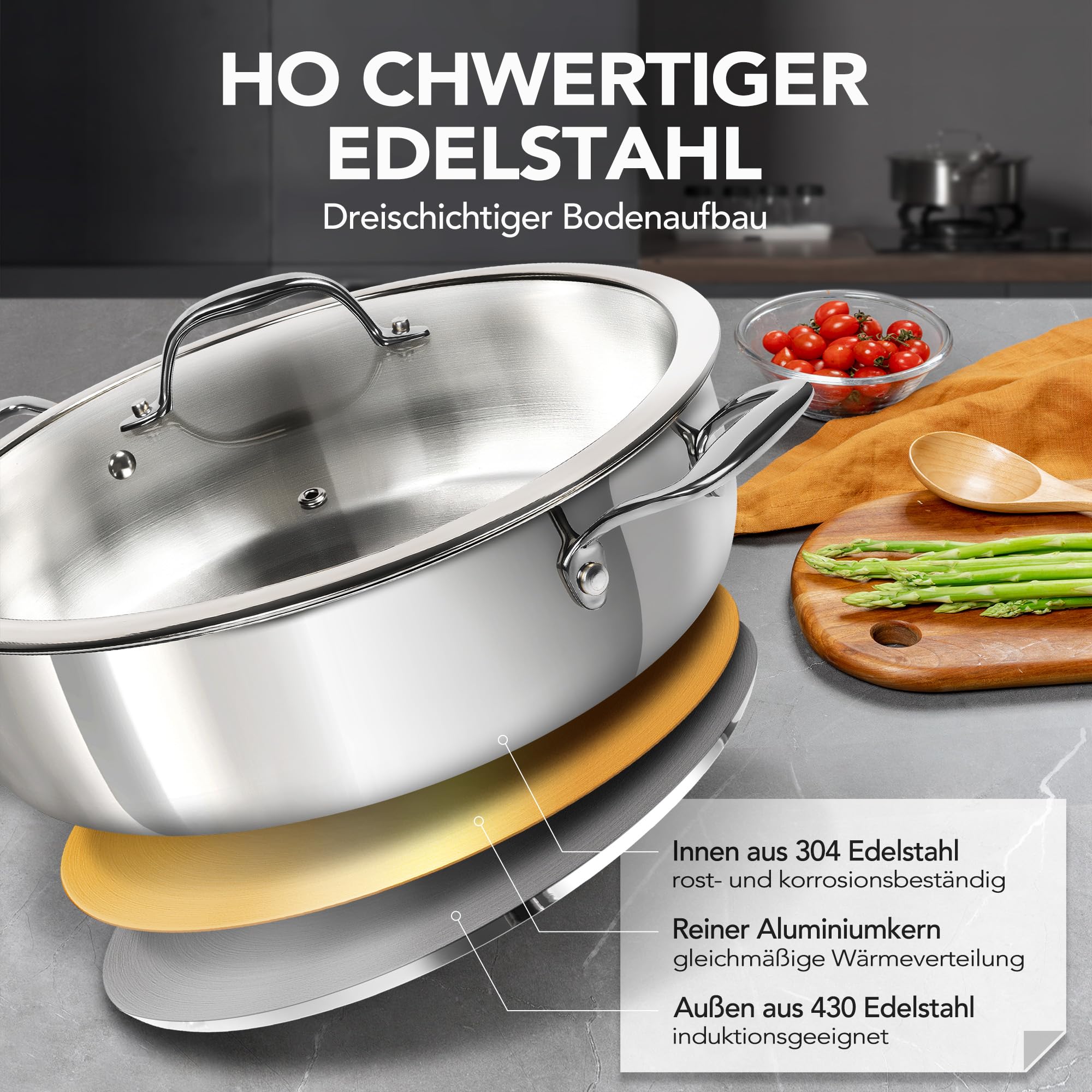 MICHELANGELO XL Schmorpfanne 30 cm mit Glasdeckel (5,7 Liter) - Unbeschichtete Edelstahl Bratpfanne PFAS-frei, Hohe Pfanne für Induktion & Backofen