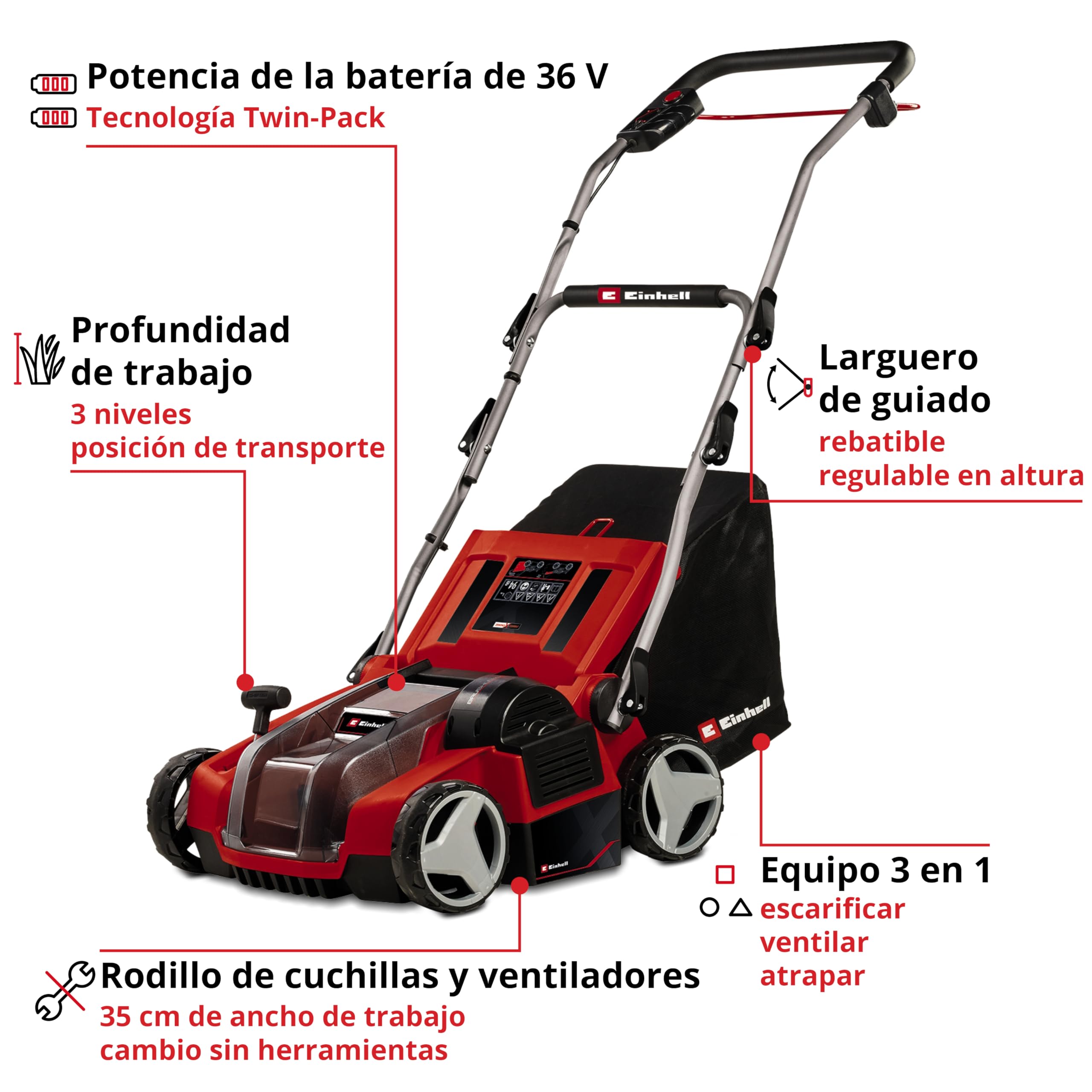 Einhell PXC Escarificador y aireador de césped inalámbrico GE-SC 35 Li-Solo, 36 V, Motor sin escobillas, Ancho 35 cm, 3 Profundidades, sin batería