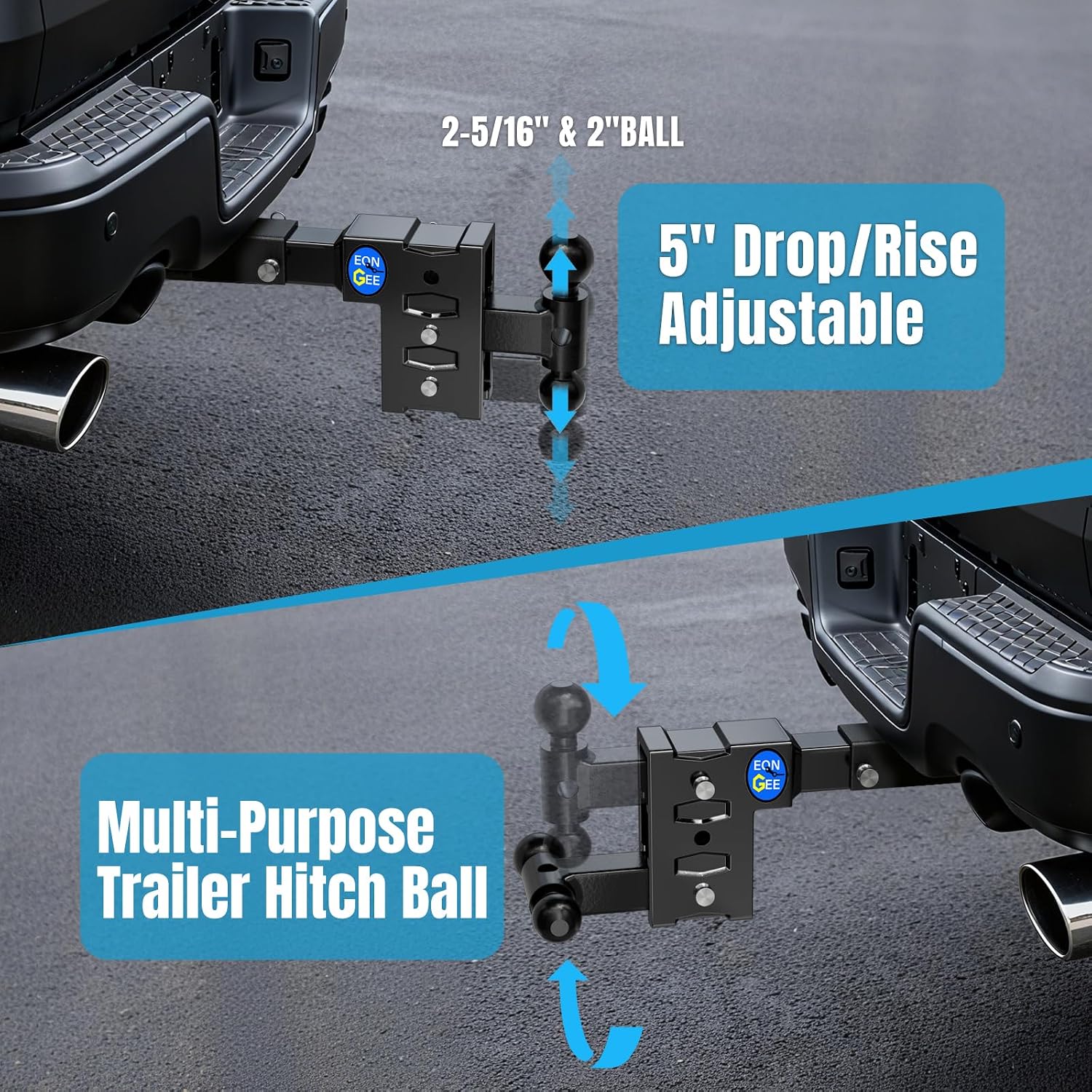 Trailer Hitch Fit 2-Inch Receiver, Drop Hitch 5" Drop & Rise, Adjustable Tow Hitch for Trucks 8000 LBS Towing Capacity with 2"& 2-5/16" Dual Ball Mount, Includes Pintle Lock & Hitch Pins & Clips
