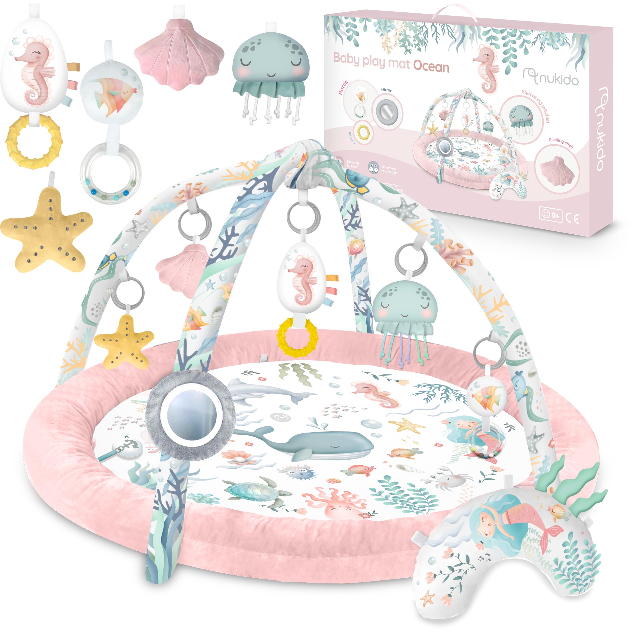 Nukido Spieldecke Mit Spielbogen Baby Spielmatte Babyspieldecke Krabbelmatte Krabbeldecke 7 Spielzeuge Und Kissen Weich Pflegeleicht Ocean Rosa