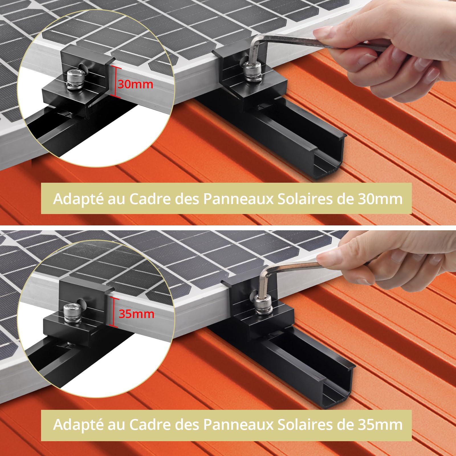 Anbte Kit de Supports de Panneau Solaire 6 Rails Courts en Aluminium avec 4 Pinces d'Extrémité en Z et 2 Pinces Centrales Supports en T Modules pour 30MM/35MM (Rails Courts de 120mm)
