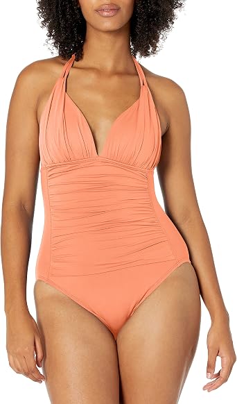 La Blanca Womens Island Goddess V-Neck Halter Mio One Piece Swimsuit