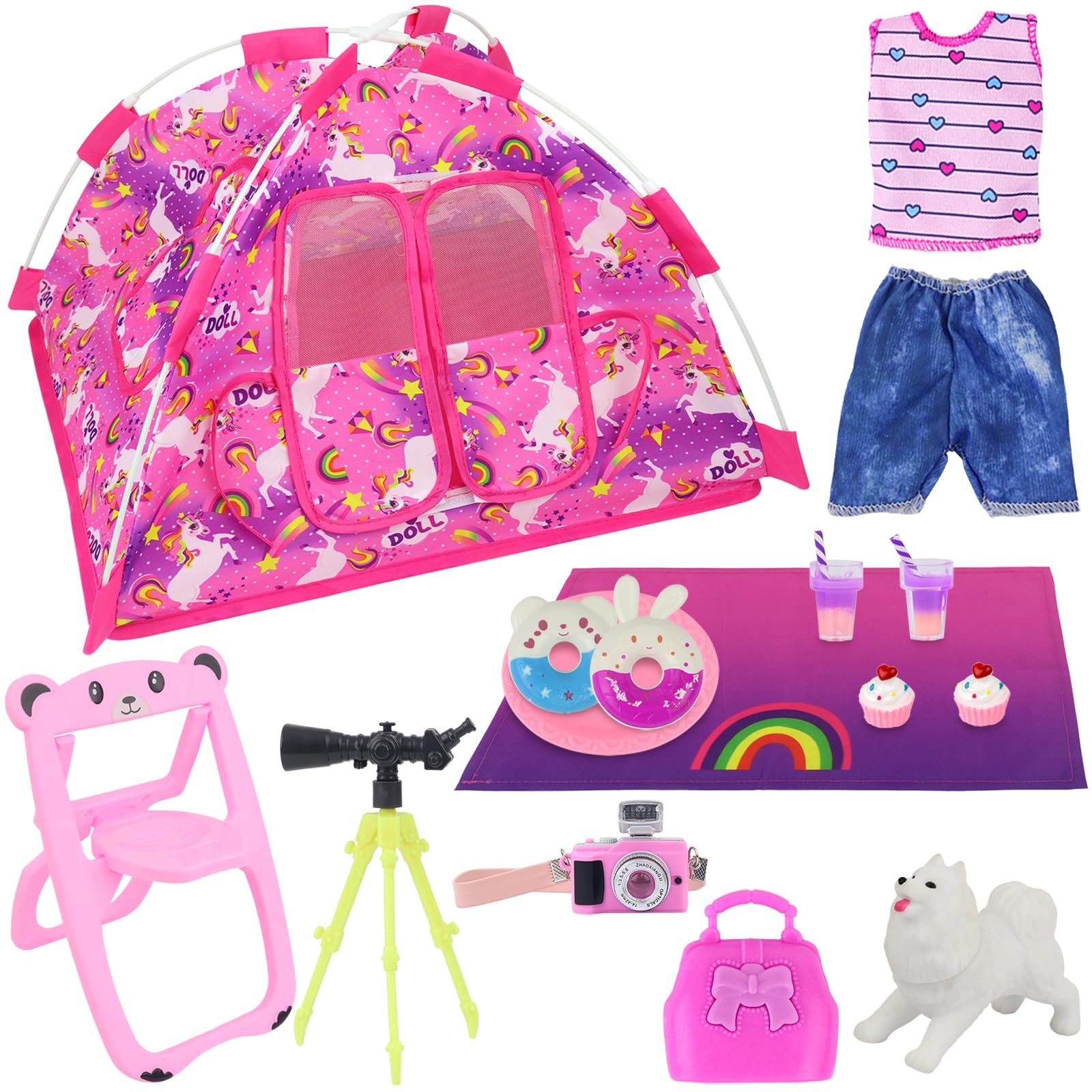- Ecore Fun 15 Pcs Doll Camping and Accessories Set for 11.5 Inch Girl Dolls Includes Tent, Clothes, Chair, Camera, Drink, Cupcake, Donut, Telescope, Toy Dog, Bag