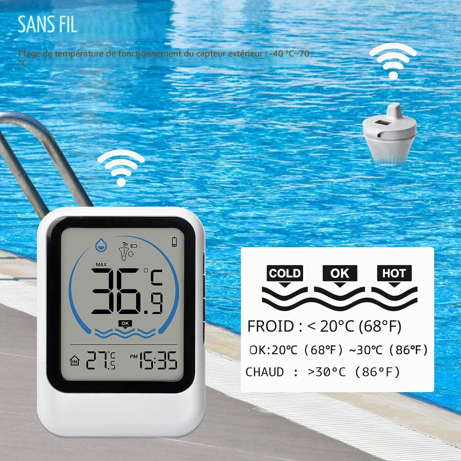 Thermomètre numérique sans fil pour piscine, écran LCD, thermomètre flottant
