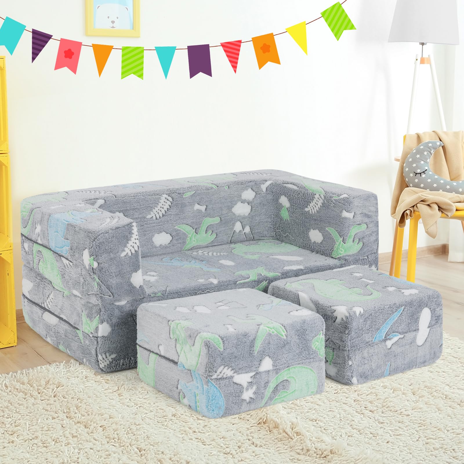 COSTWAY Divano Pieghevole 3 in 1 per Bambini Brilla al Buio, Poltrona Bambini con Rivestimento in Flanella Rimovibile e Lavabile, Pouf per Cameretta (Dinosauro Grigio)