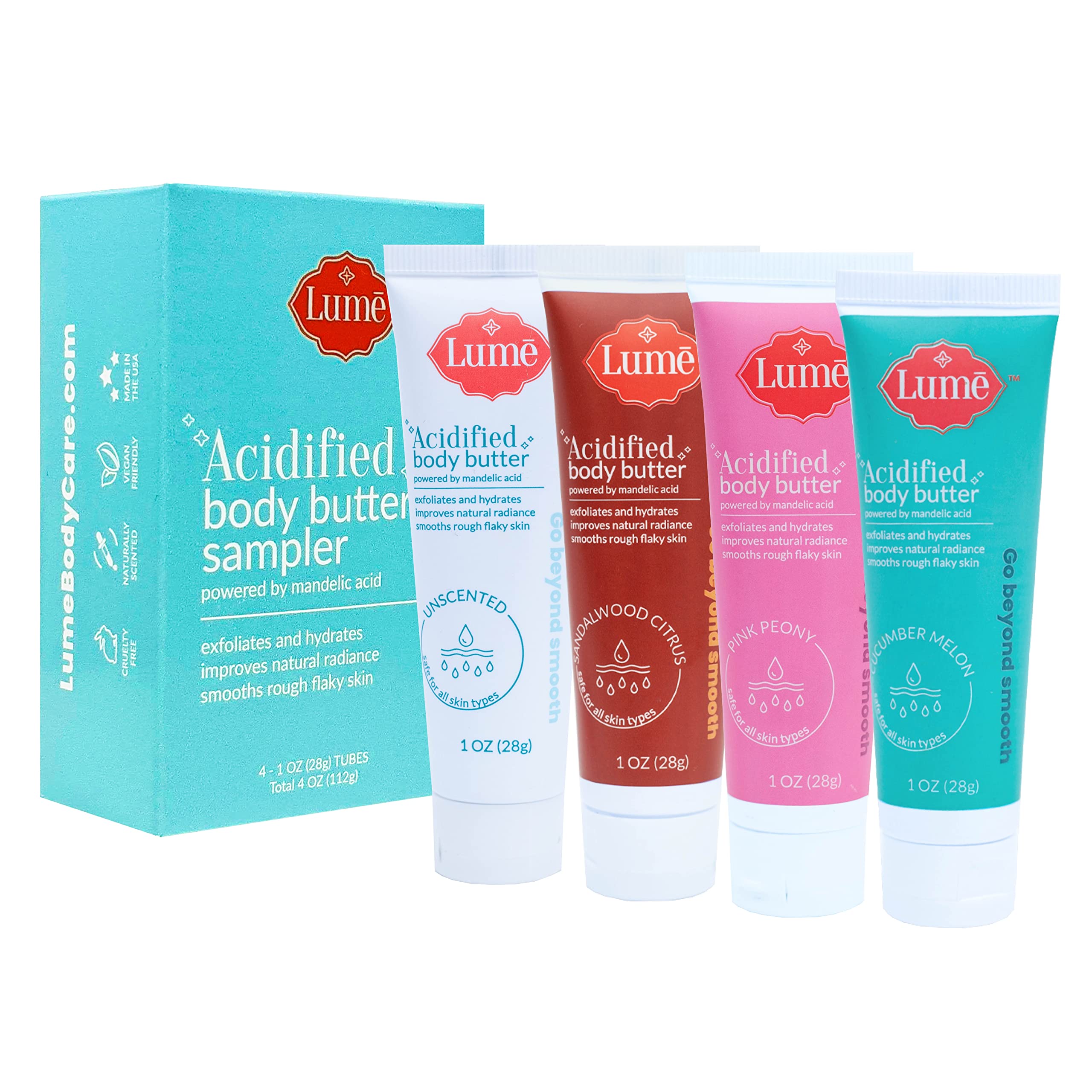 Lume Acidified Body Butter 4 Pack Mini Sampler - Powered by Mandelic Acid, Exfoliates and Hydrates, Improves Natural Radiance, Smooths Rough Flaky Skin, 1 Ounce Tubes
