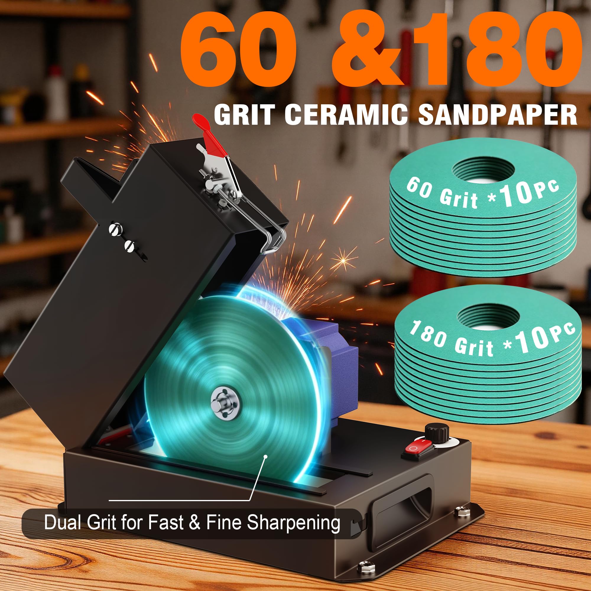 SporGain Afilador de cuchillas para cortacésped, motor sin escobillas, 3000 rpm, herramienta afiladora de cuchillas para cortacésped, rueda de cerámica de 7 pulgadas con 20 discos de lijado para