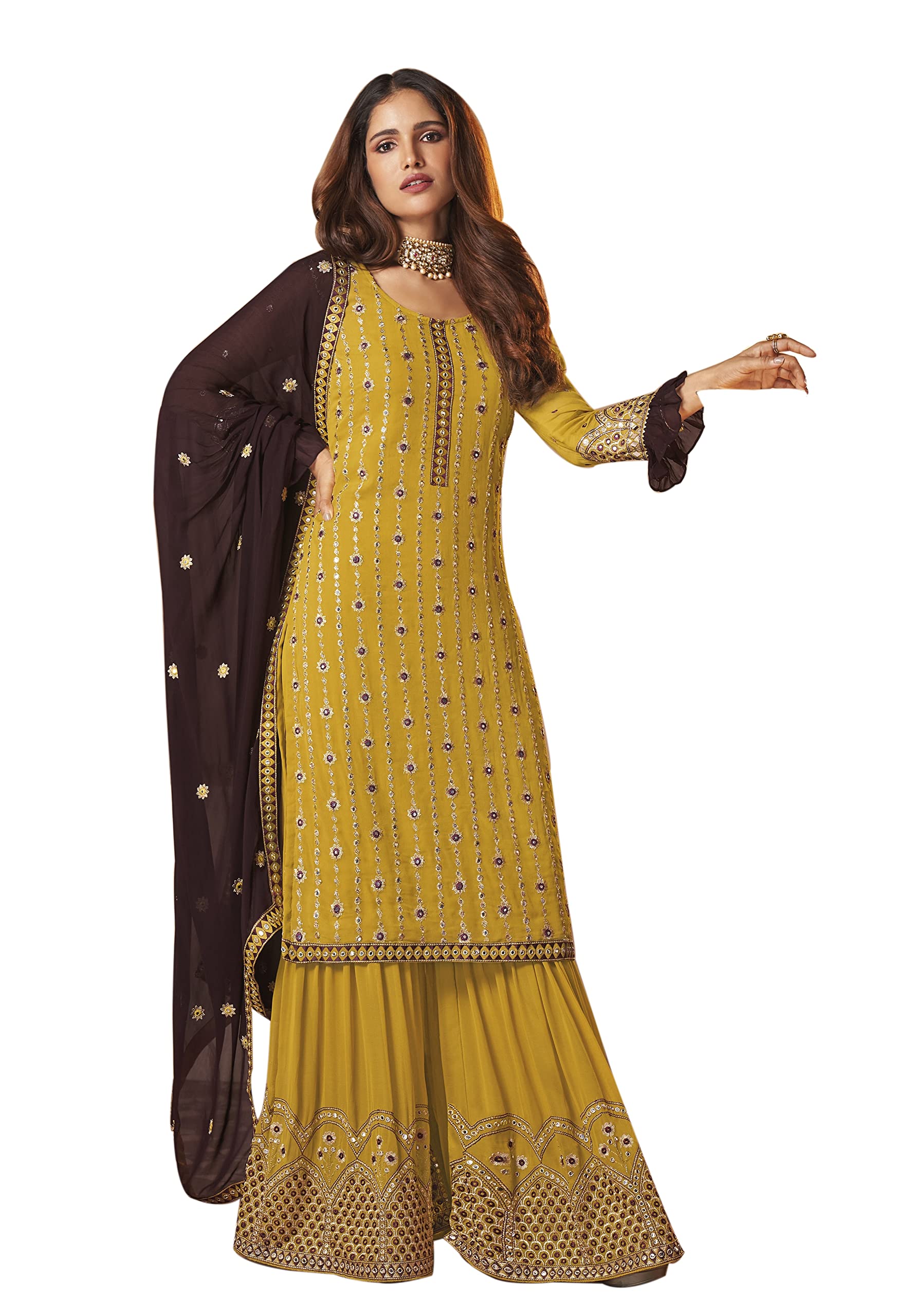 EthnicYard Women's Embroidery Sequence work Gerogette Semi-Stitched Salwar Suit (SSEY -F1431_Yellow), Yellow