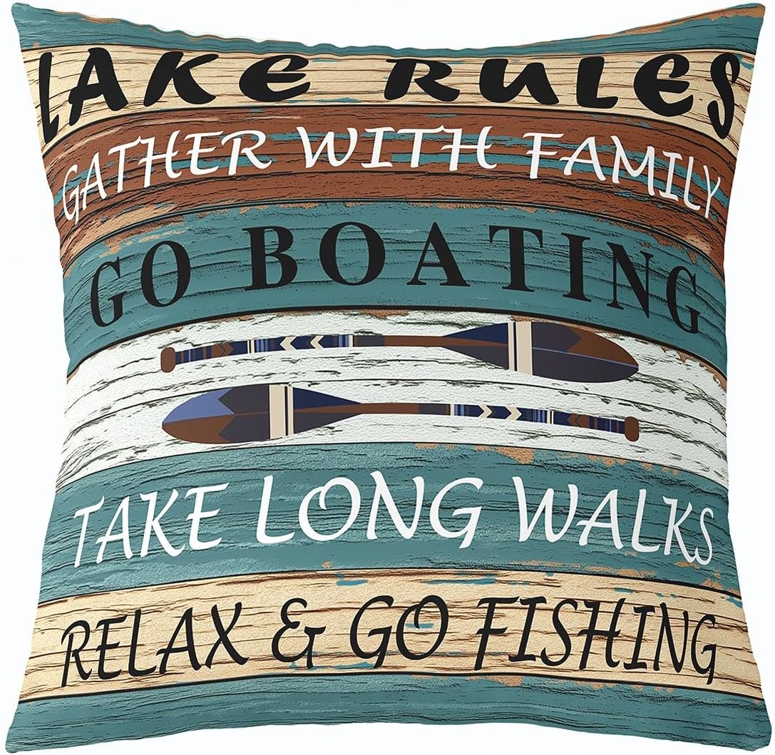 Feelyou Lake Throw Pillow Covers for Couch Sofa Bed, Set of 4 Wood Grain Lake Theme Decorative Pillows Cushion Covers,Farmhouse Blue Red Brown Pillow Inserts Not Included, 18x18 inch