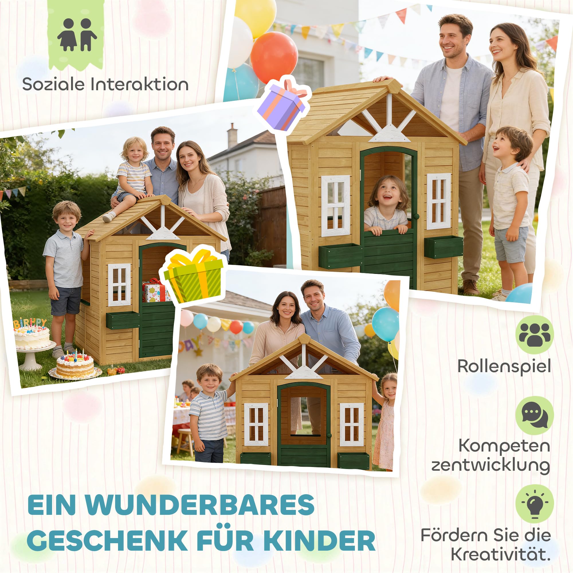AIYAPLAY Kinderspielhaus aus Holz Spielhaus Outdoor 134,5 x 97 x 150 cm Braun