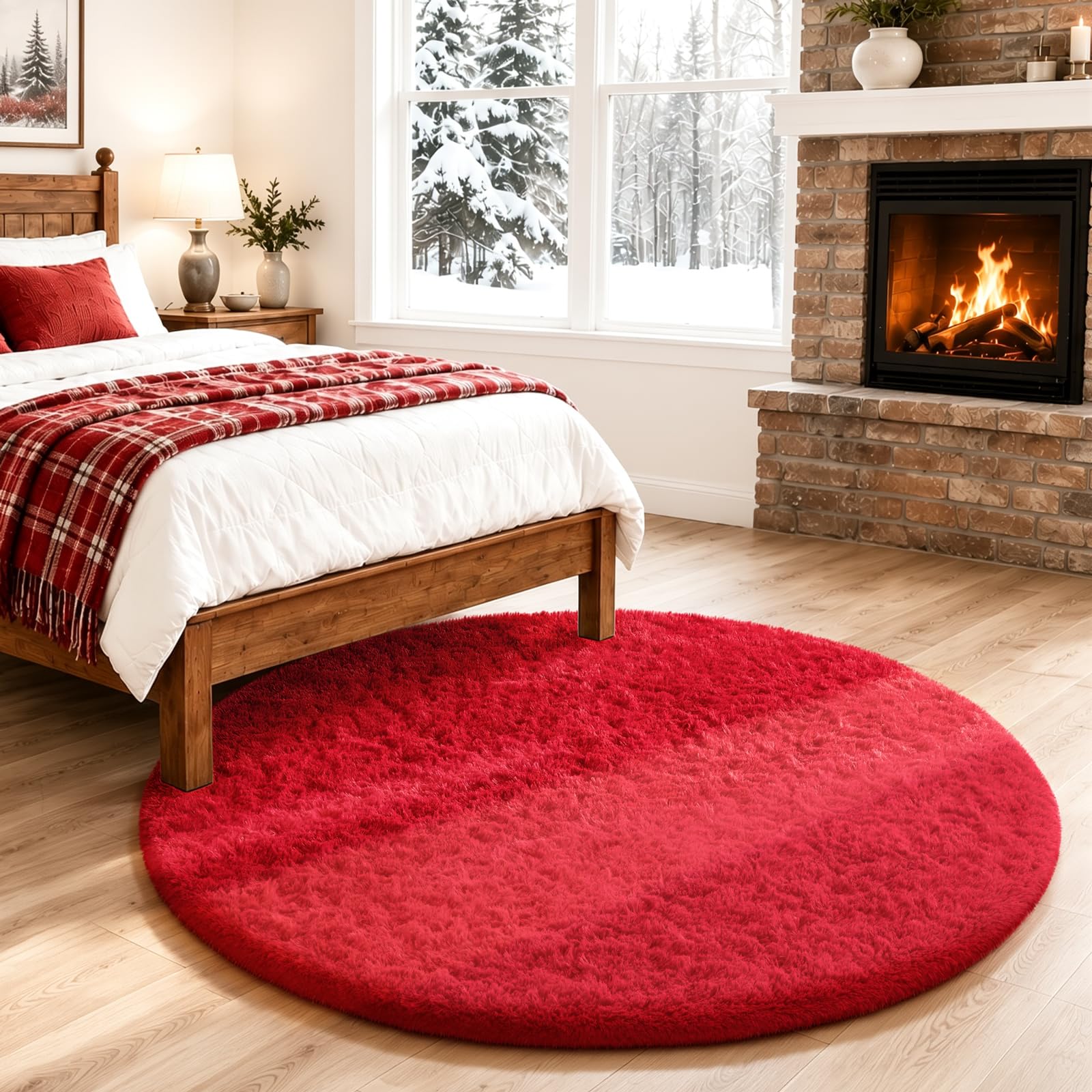 Ophanie Round Rug 4Ft Red Circle Area Rug, Christmas Room Decor, Aesthetic Nursery Bedroom Carpet, Fluffy Fuzzy Plush Soft Shaggy Living Room Rugs for Kids Boys Girls Home with 99 pcs Pile fibers