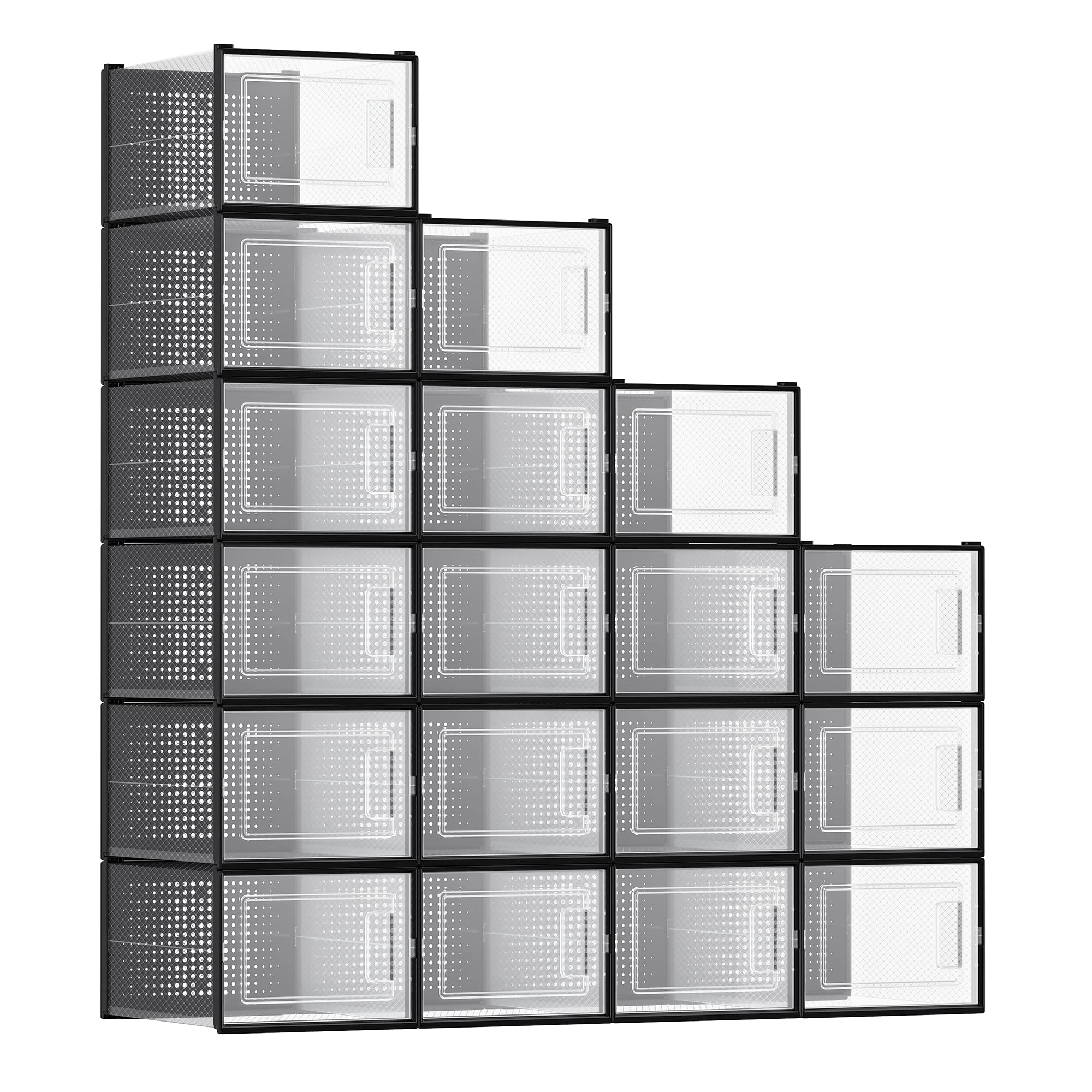 SONGMICS Schuhboxen, 18er Set, Schuh-Organizer aus Kunststoff, faltbar und stapelbar, für Schuhe bis Größe 46, transparent-schwarz LSP007B18