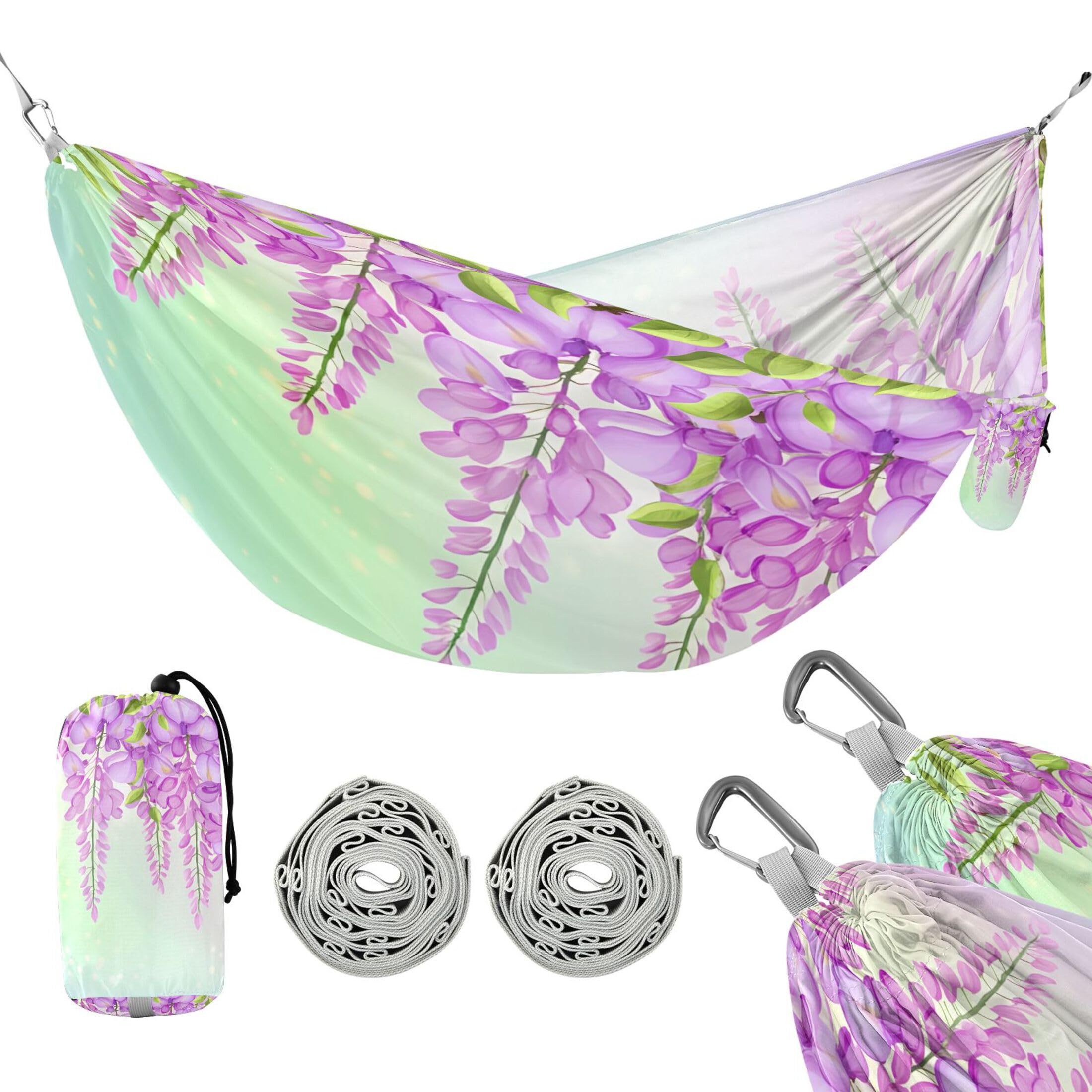 Takiito Cascading Wisteria Flowers Hammock 330 lb Capacity Travel Camping Hammock with Tree Straps, Portable Lightweight for Outdoor Beach Backpacking Backyard Patio