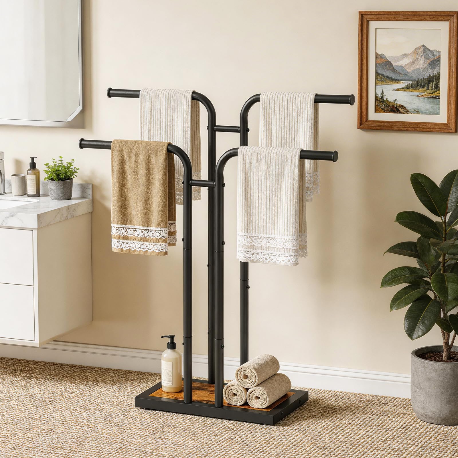 HOOBRO Porte-Serviettes sur Pied en T, Support de Serviettes Vertical avec 2 Barres de Suspension, pour Salle de Bain, Buanderie, Chambre, Marron Rustique et Noir EBF14LB01