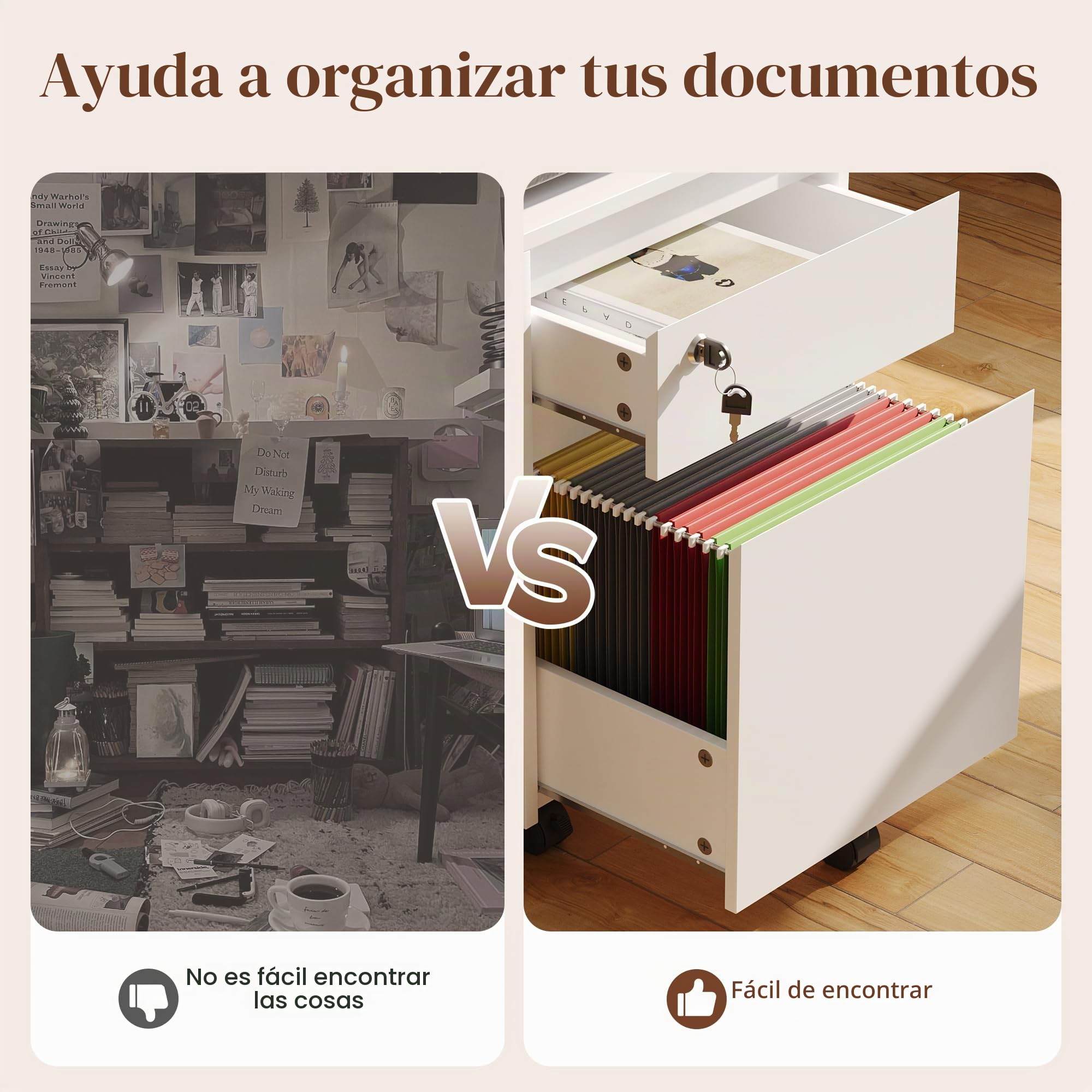 YOUDENOVA Cajonera Escritorio con 5 Ruedas, Cerradura, 2 Cajones Archivador con Barra Colgante, Cajonera Oficina con Ruedas Giratorias, Armario Almacenamiento para Papel A4, 40X40X57 CM, Blanco
