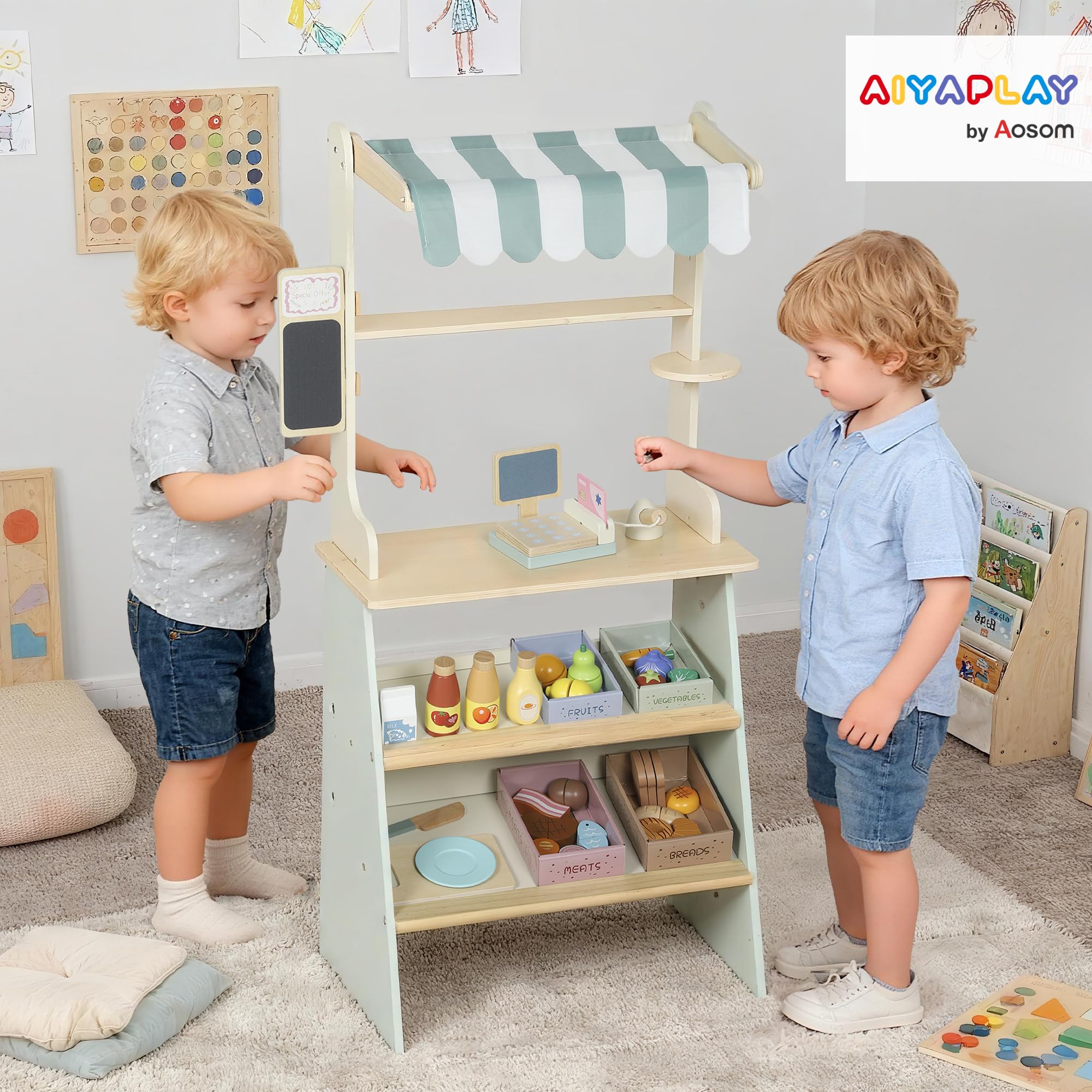 AIYAPLAY Supermercado Infantil De Madera – 34 Piezas Con Caja Registradora, Pizarra Y Accesorios, Juego De Rol Para Niños De 3 Años En Adelante, Color Verde