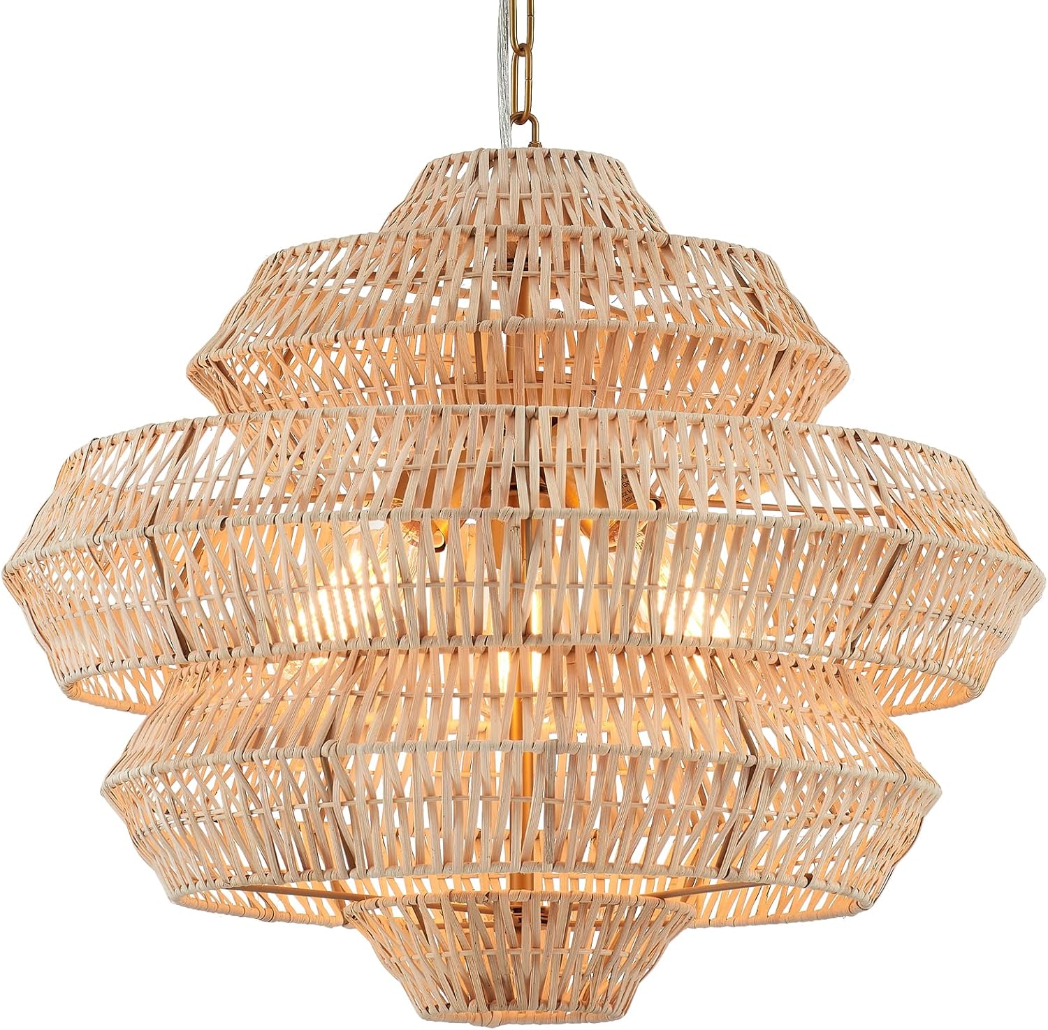 22” Hand Woven Rattan Chandelier 5 Round Adjustable Boho Pendant Light Farmhouse Large Brass Pendant Lighting Fixtures for Dining Room Kitchen Island Living Room, UL Listed