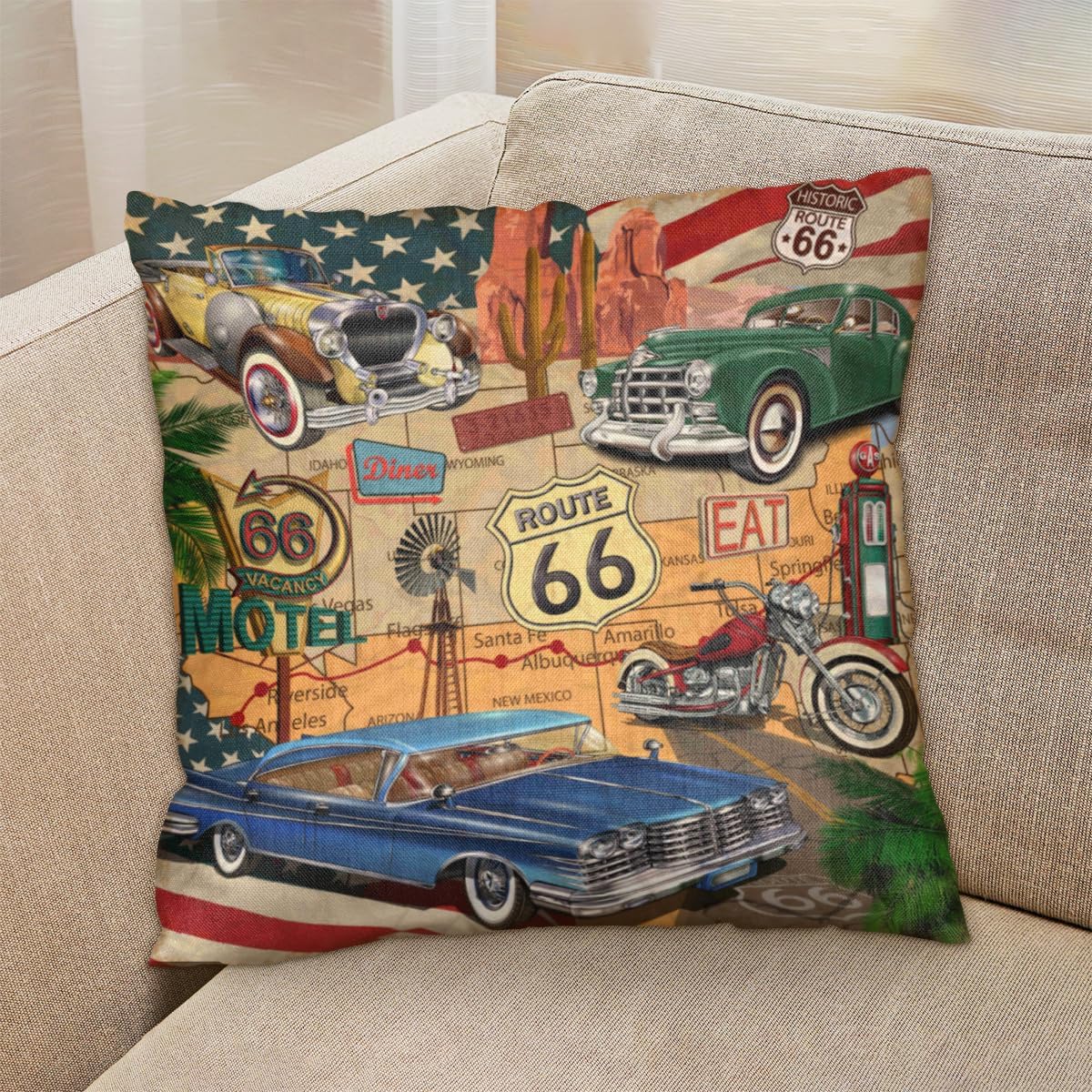 Vintage Themed Poster Throw Pillow Covers Set of 2 26x26 Inch Decorative Square Cushion Case Modern Farmhouse Pillowcase for Couch Sofa Bed Car Living Room Home Decor