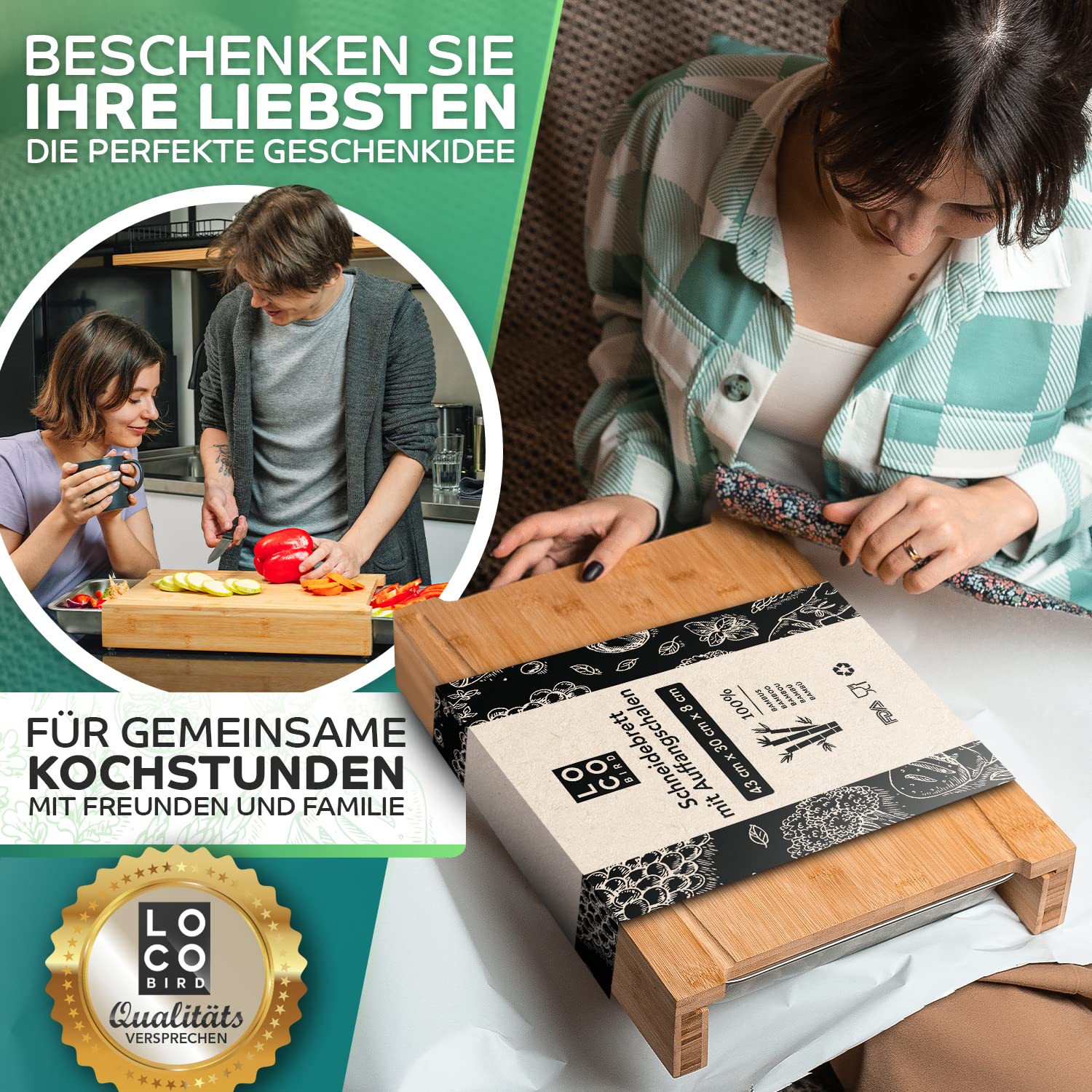 Loco Bird Planche a Decouper avec Bac Recuperateur – XXL Bambou 43x30cm 2 Bacs Inox – Grande Planche à Découper Bois – Rainures Jus – Pieds Antidérapants